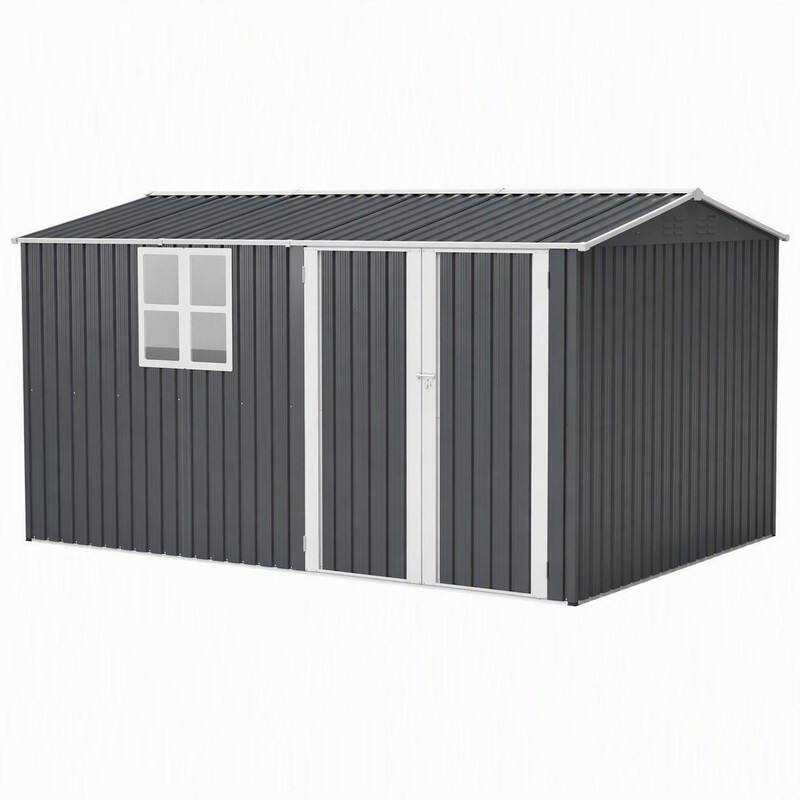 Front. RYHNUYNE - 8x12 ft Steel Shed XL Building Window Hinged Gray Doors 4 Vents Backyard Garden - Gray.