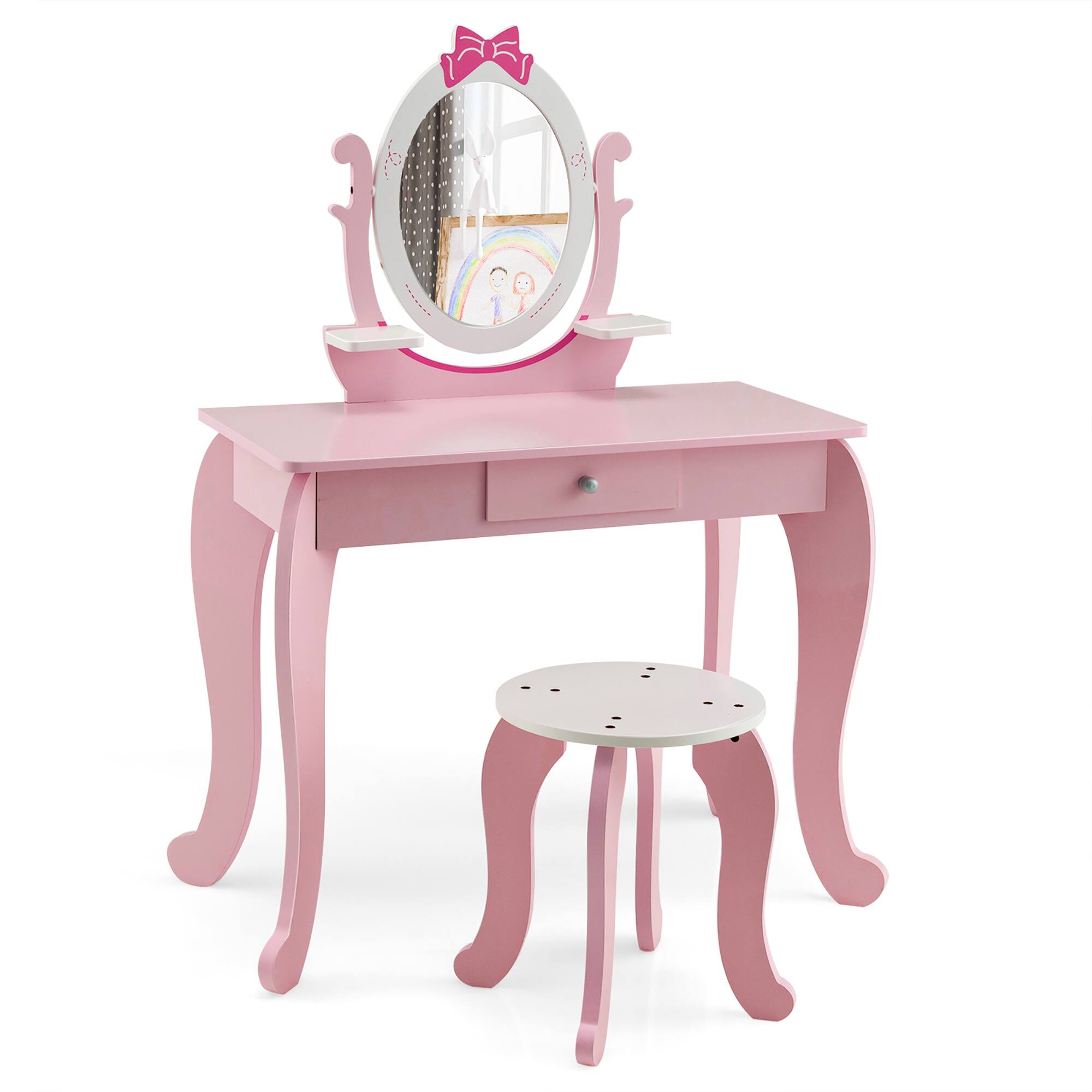 Costway - Kid Vanity Table Stool Set with Adjustable Mirror Storage Drawer Makeup - White,Pink