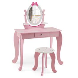 Costway - Kid Vanity Table Stool Set with Adjustable Mirror Storage Drawer Makeup - White,Pink