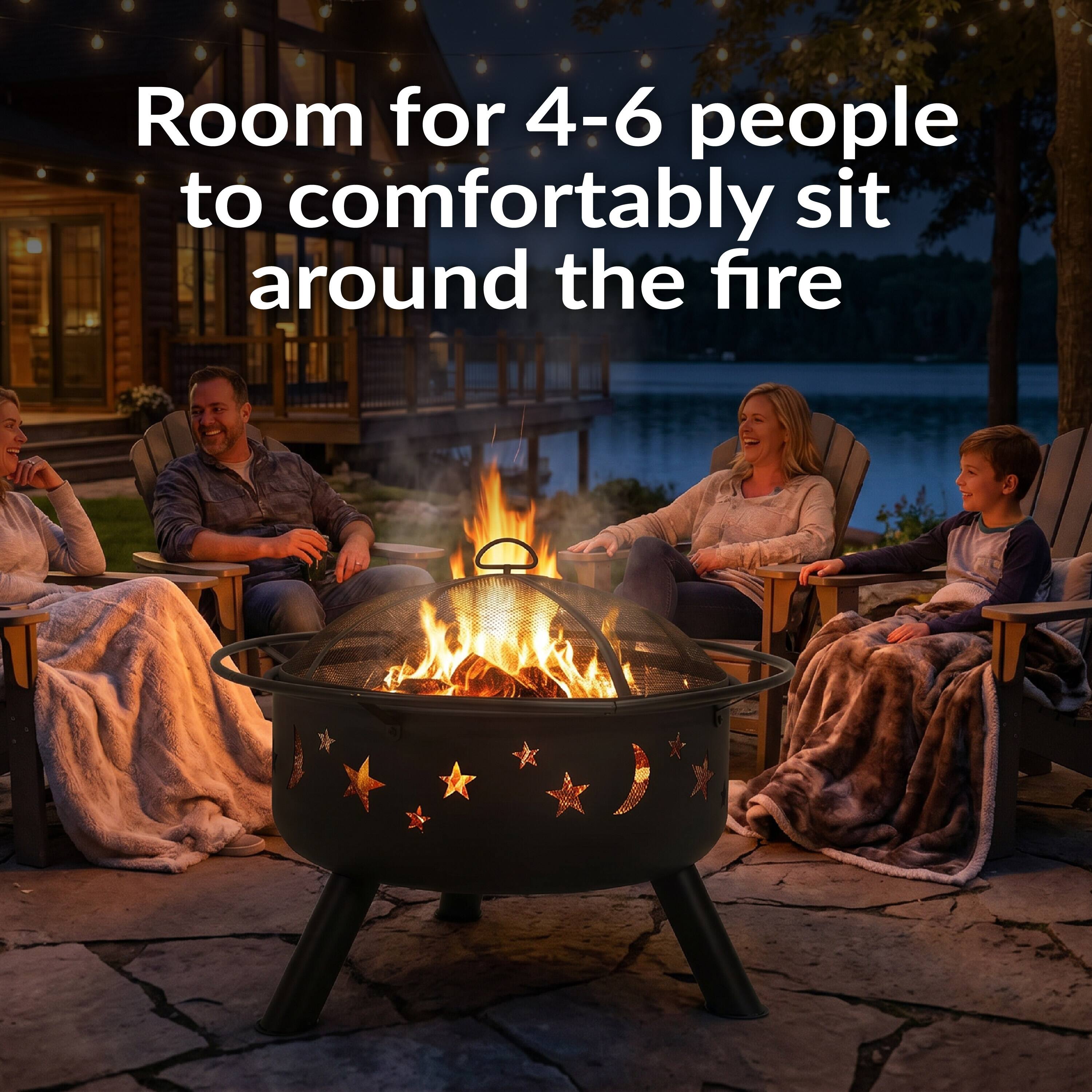 Room for 4-6 people to comfortably sit around the fire