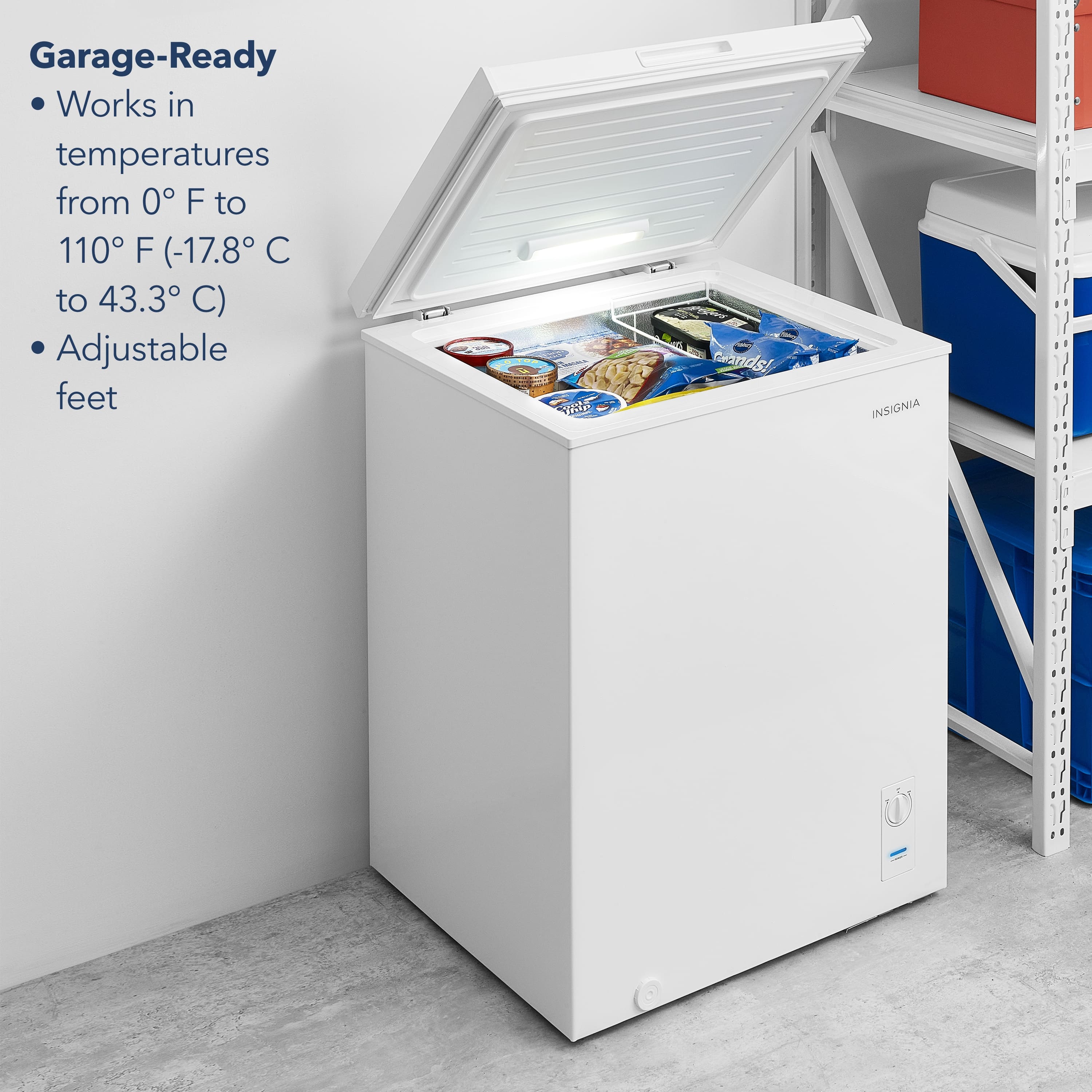 Garage-Ready: Works in temperatures from 0°F to 110°F (-17.8°C to 43.3°C) Adjustable feet included! INSIGNIA
