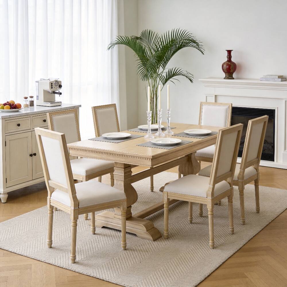 Alt View 9. Loheer - Loheer French Country Dining Chairs Set of 2 Upholstered Square Back Beige Solid Wood - Beige.
