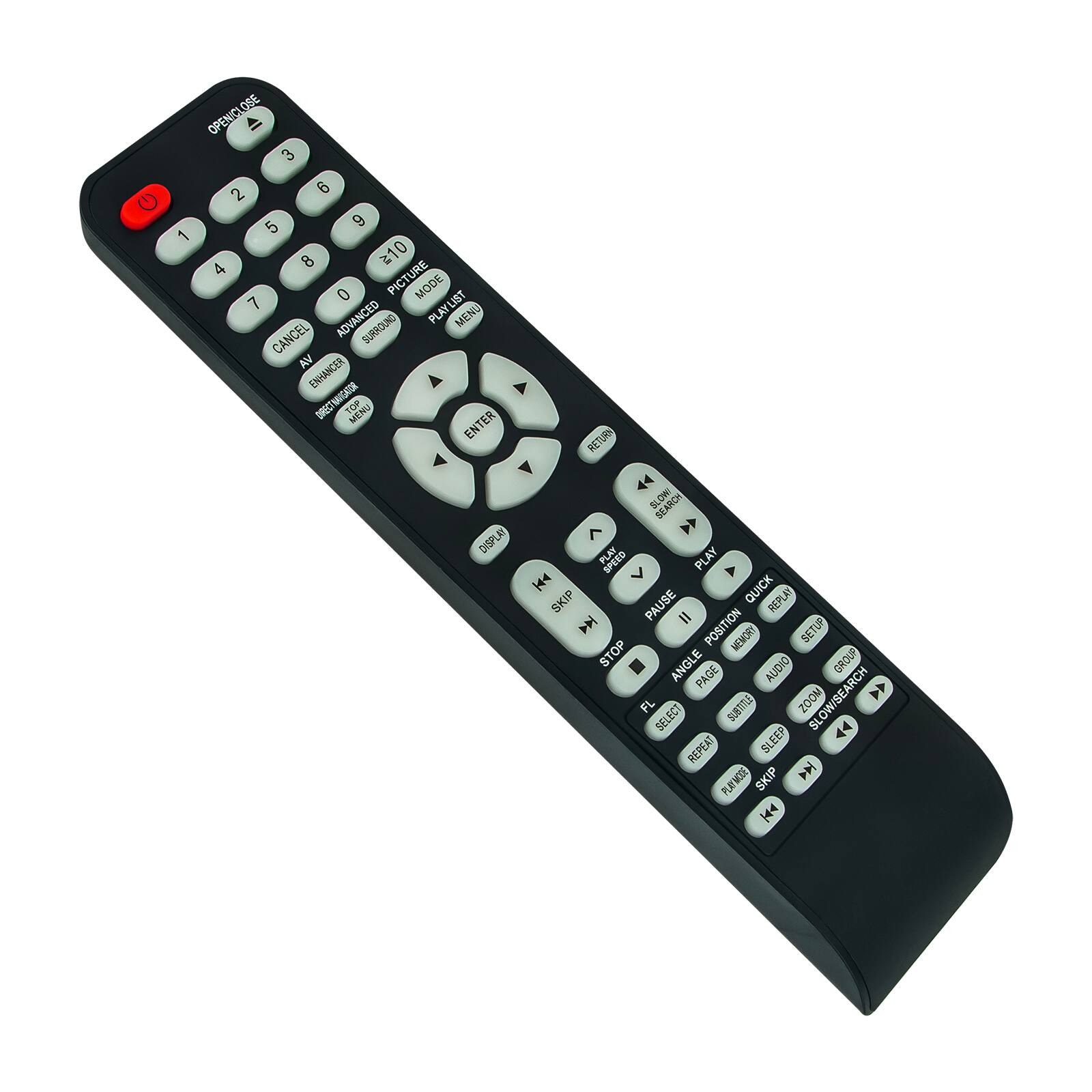 Sure, here is the corrected and grouped text from the image:

**Top Row:**
- OPEN/CHOOSE

**Number Pad:**
- 1 2 3
- 4 5 6
- 7 8 9
- 0

**Middle Row:**
- 210
- PICTURE MODE
- PLAYLIST LIST ADVANCED PLAY MENU
- CANCEL
- SURROUND AV ENHANCER
- DIRECTVIGATOR
- TOP MENU
- ENTER RETURN
- DISPLA
- BLOW SEARCH

**Bottom Row:**
- PLAT SPLED PLAY
- 144
- SKIP PAUSE QUICK REPLR
- POSITION MEMORY SETUP
- STOP
- ANGLE AUDIO GRDUP
- PAGE
- FL SELECT ILUS
- NOOZ
- BLOW/SEARCH
- V REPEAT
- SLEEP
- PLAYMODE
- SKIP

**Right Side:**
- RETURN
- SKIP
- PAUSE
- STOP
- ANGLE
- AUDIO
- GROUP
- FL
- SLEEP
- PLAYMODE
- SKIP
- REPEAT
- SLEEP
- PLAYMODE
- SKIP
- RE