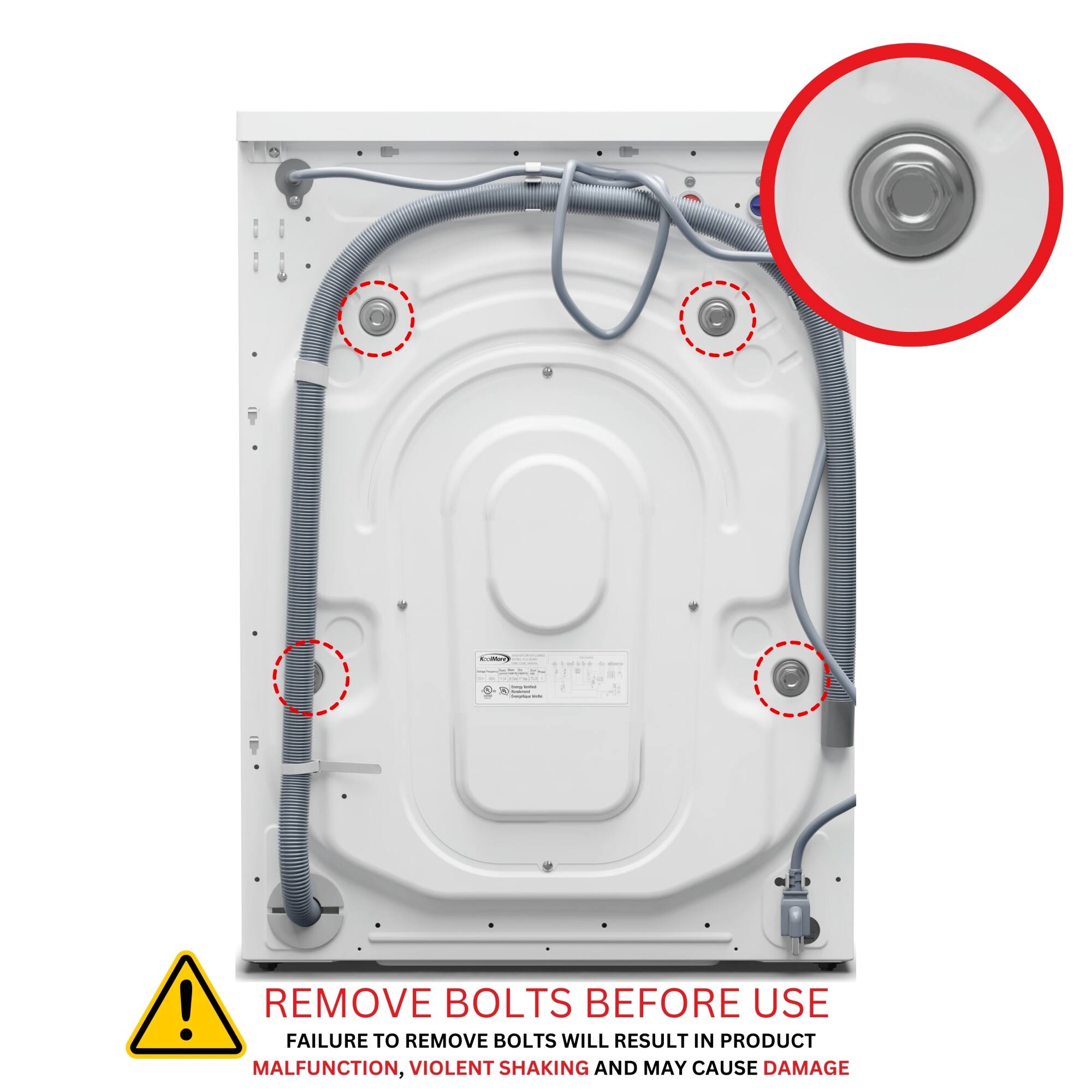 - - a - - | - - ee ! REMOVE BOLTS BEFORE USE FAILURE TO REMOVE BOLTS WILL RESULT IN PRODUCT MALFUNCTION, VIOLENT SHAKING AND MAY CAUSE DAMAGE