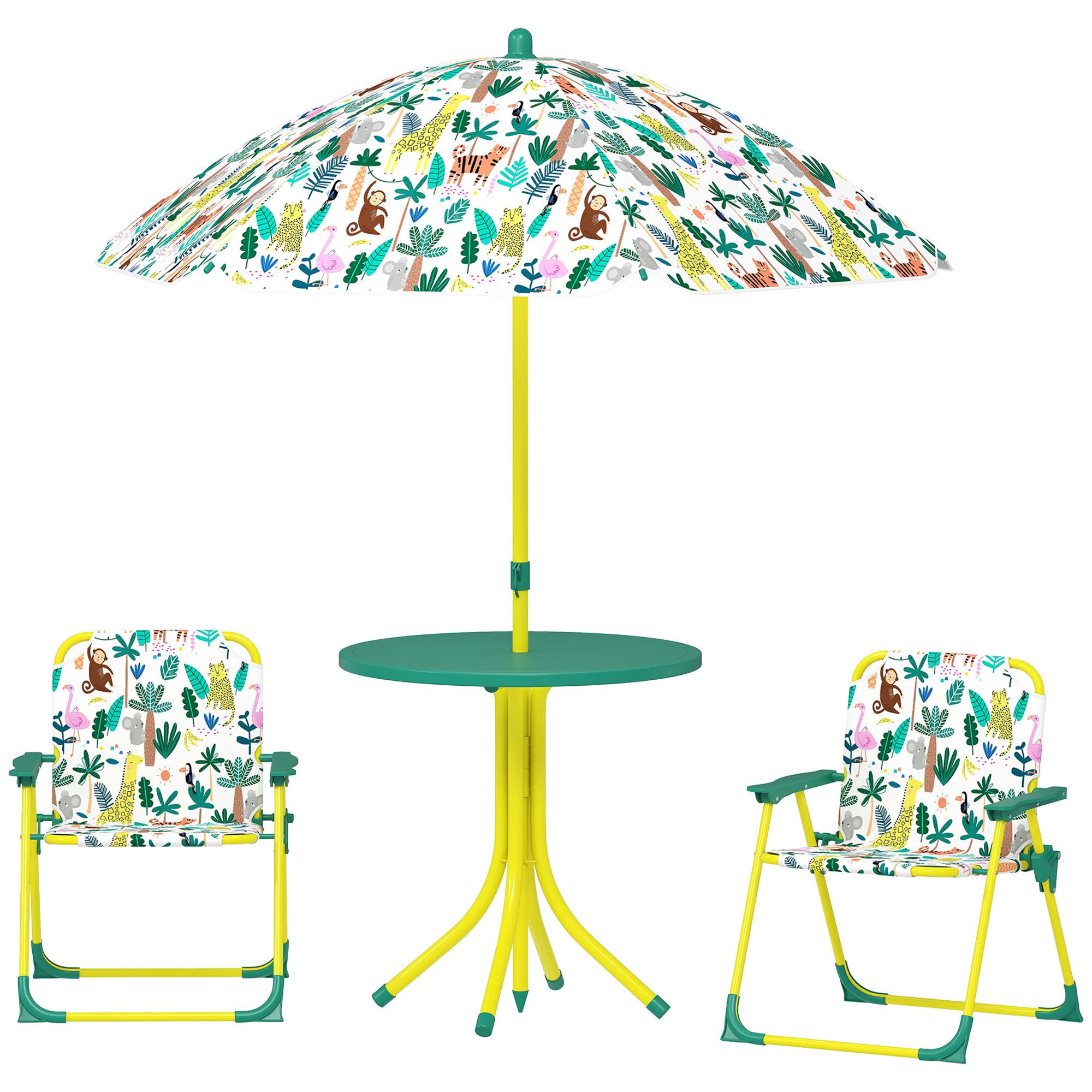 Front. Qaba - Kids Picnic Table, Kids Table and Chair Set with 2 Folding Chairs and Umbrella for Backyard, Garden - Green.