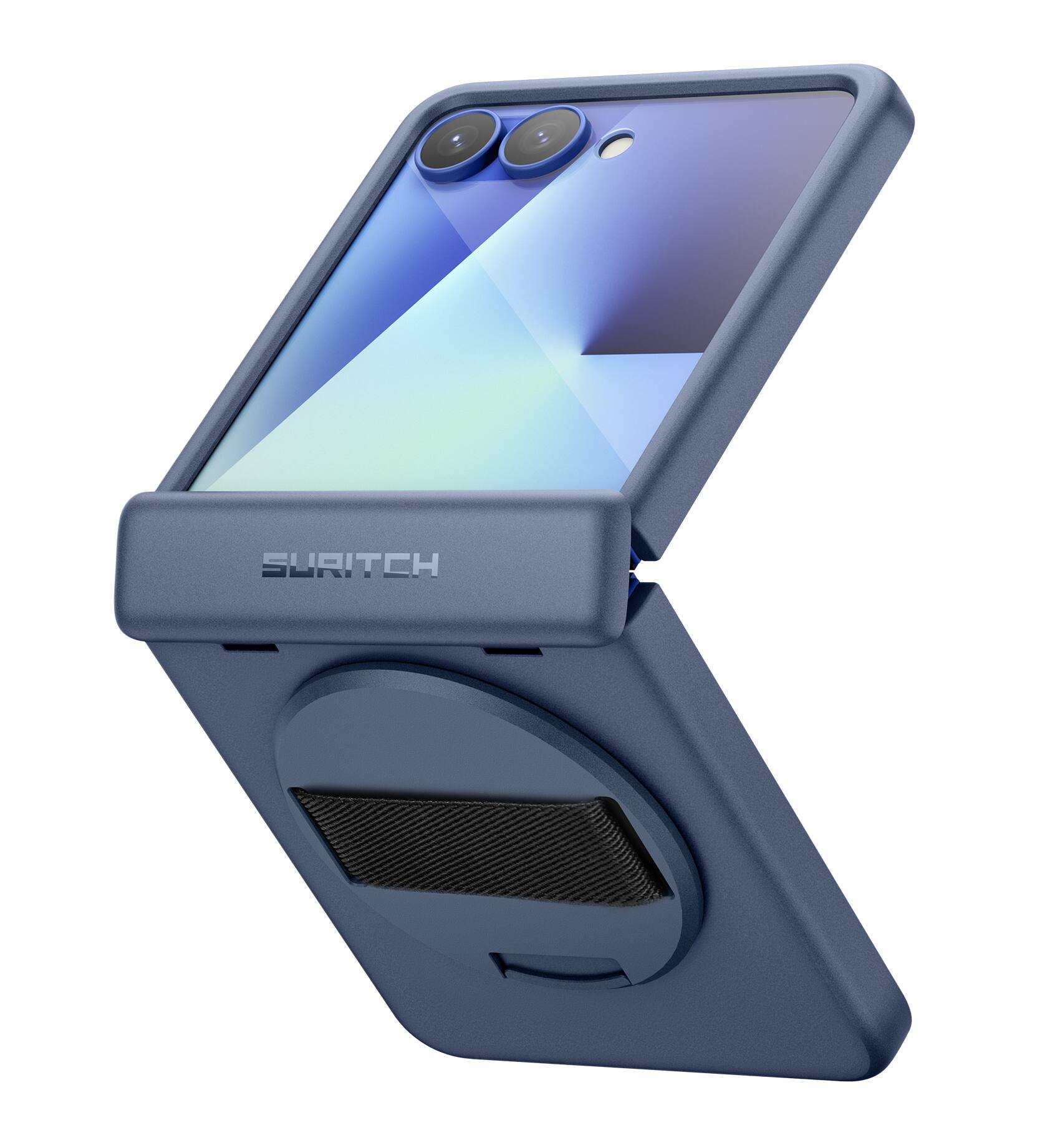 Left. SURITCH - Case for Samsung Galaxy Z Flip 7 with 360° Rotatable Hand Strap, Invisible Kickstand, Screen Protector, Protective Cover - Deep Blue.