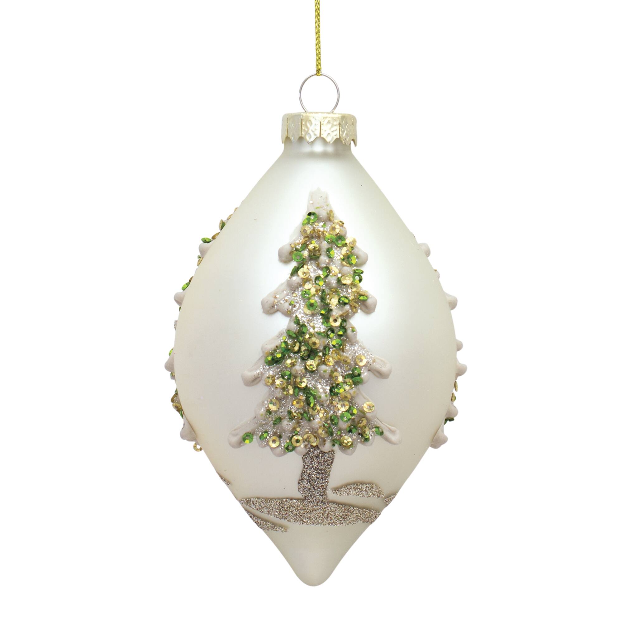 Back. BreeBe - Painted Snowy Pine Tree Ball Ornament (Set of 6) - Green, Gold, Silver.