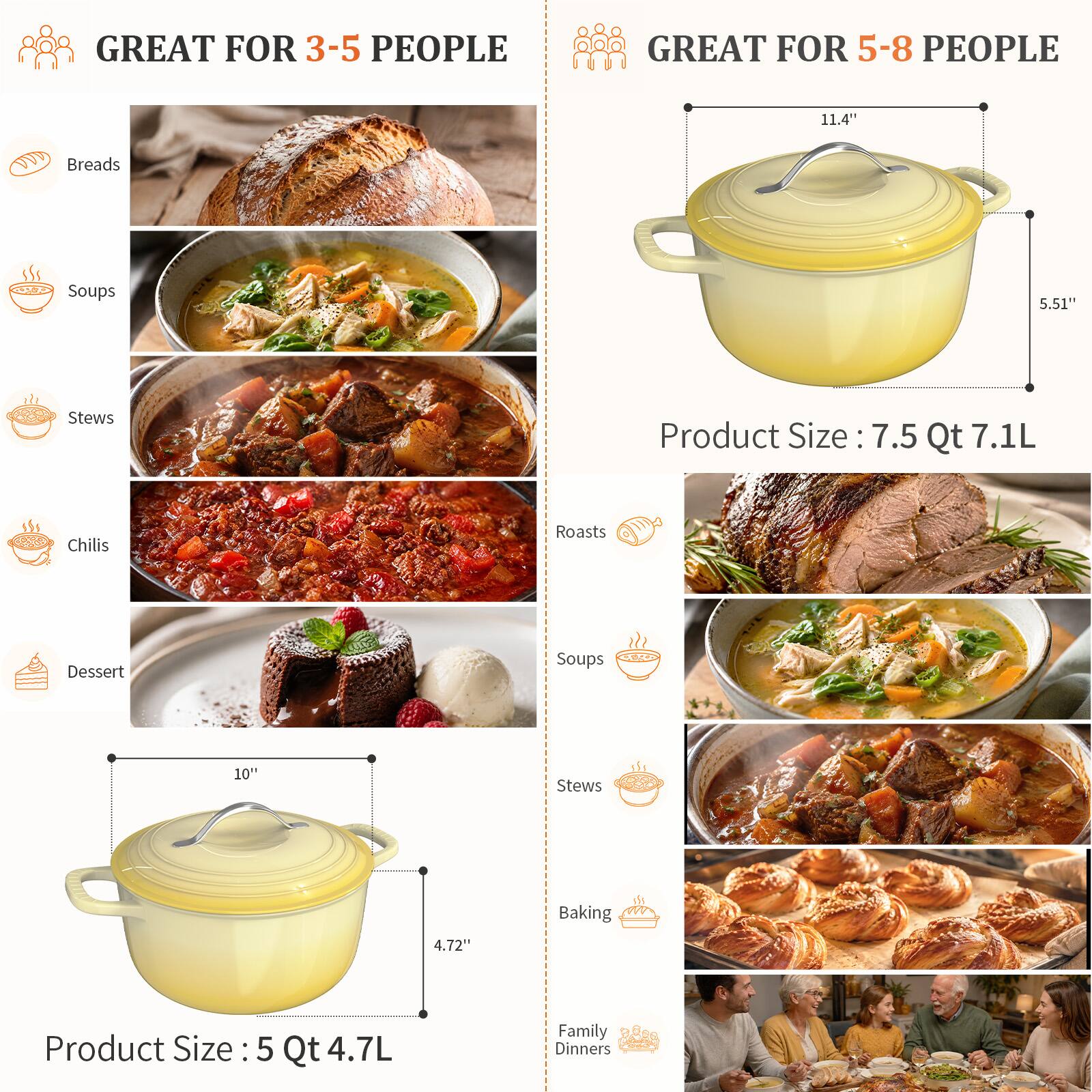 GREAT FOR 3-5 PEOPLE

- Breads
- Soups
- Stews
- Chilis
- Dessert

Product Size: 5 Qt 4.7L

GREAT FOR 5-8 PEOPLE

- Roasts
- Soups
- Stews
- Baking
- Family Dinners

Product Size: 7.5 Qt 7.1L