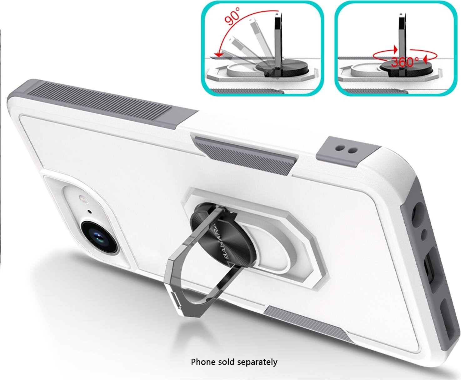 The image shows a white phone with a 360 camera attached to it. The phone is sold separately, as indicated by the text "Phone sold separately." The image also includes a diagram of the phone and its features, which may include a 90-degree viewing angle. The phone is designed to be used with a 360 camera, providing a unique and immersive photography experience.