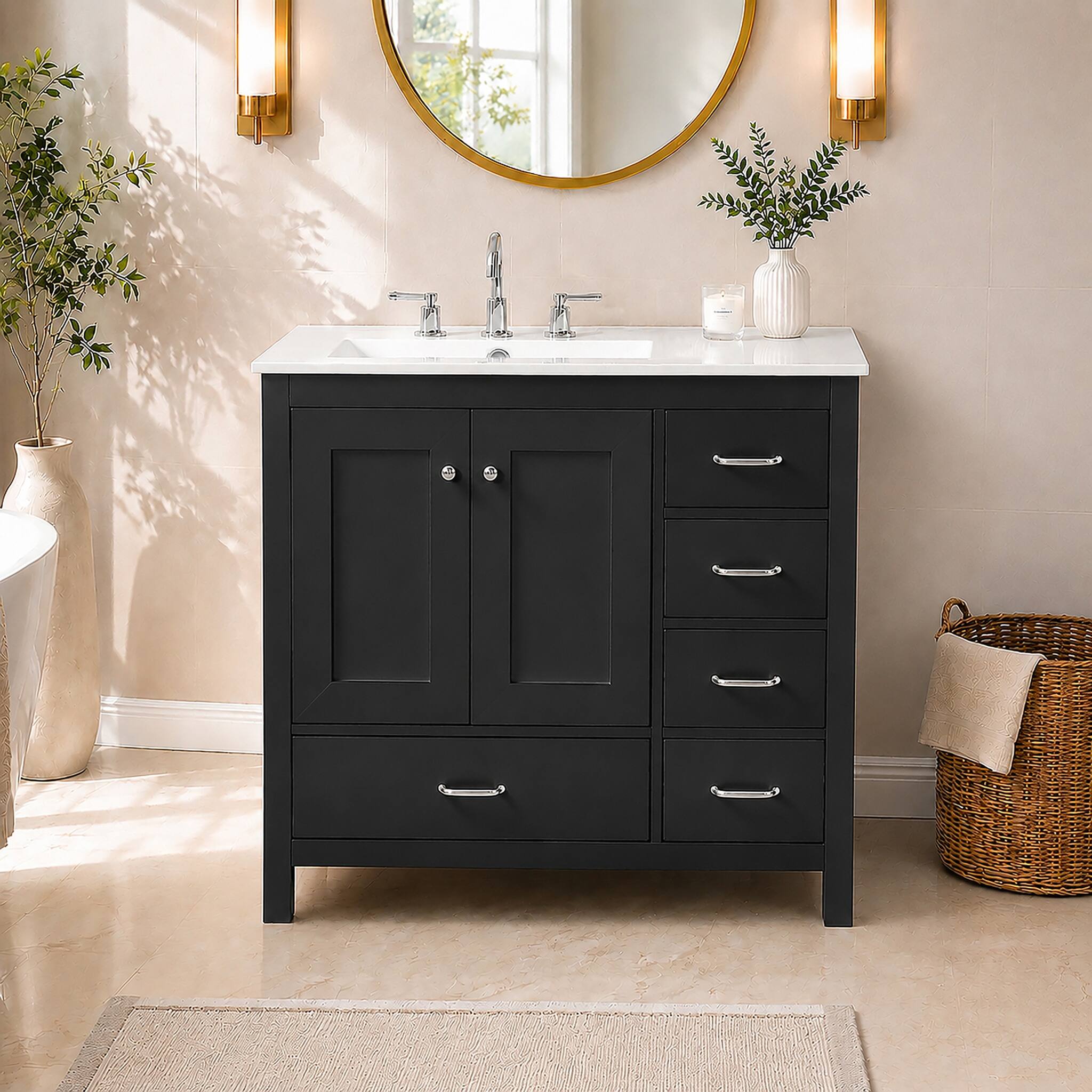 Left. JUJABU - 36" Black Bathroom Vanity with Ceramic Sink, 2 Soft-close Doors and 5 Drawers - Black.