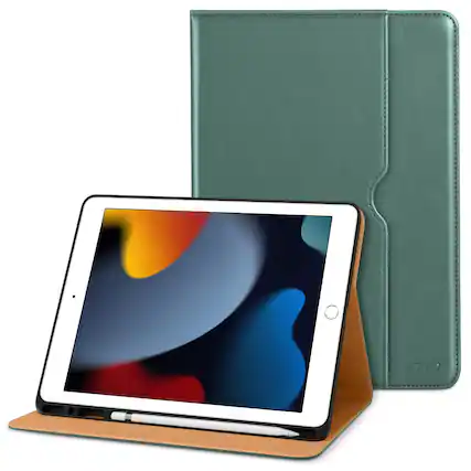 Front. DTTO - Case for iPad 9th/8th/7th Generation 10.2 Inch 2021/2020/2019, Premium Leather Folio Stand - Auto Wake/Sleep - Midnight Green.