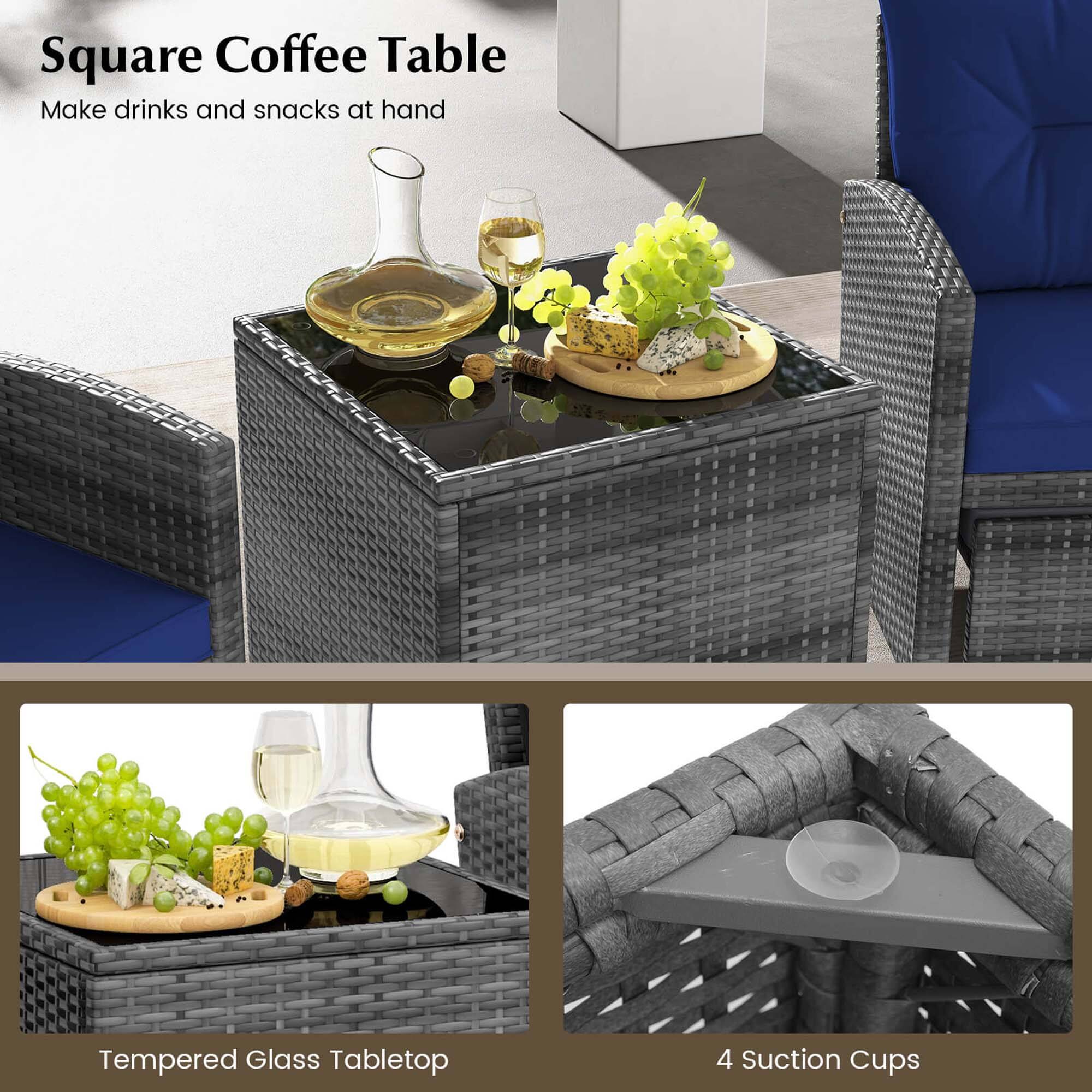 Square Coffee Table: Make drinks and snacks at hand. Tempered Glass Tabletop. 4 Suction Cups.