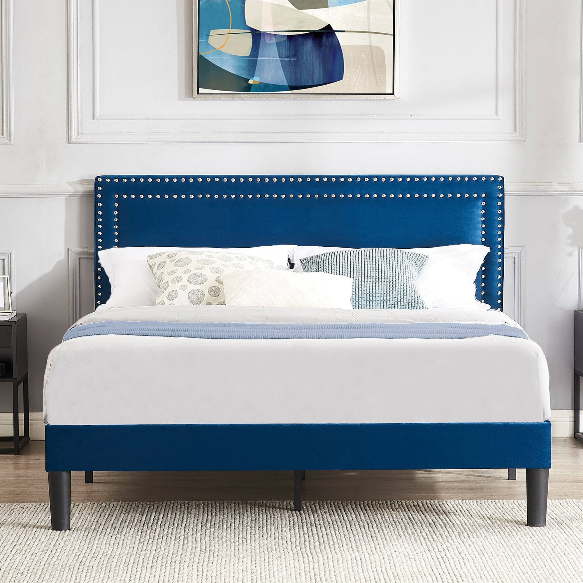 Alt View 1. Vecelo - Full Size Platform Bed Frame with Adjustable Upholstered Headboard, Strong Wood Slat Support,No Box Spring Needed - Dark Blue.