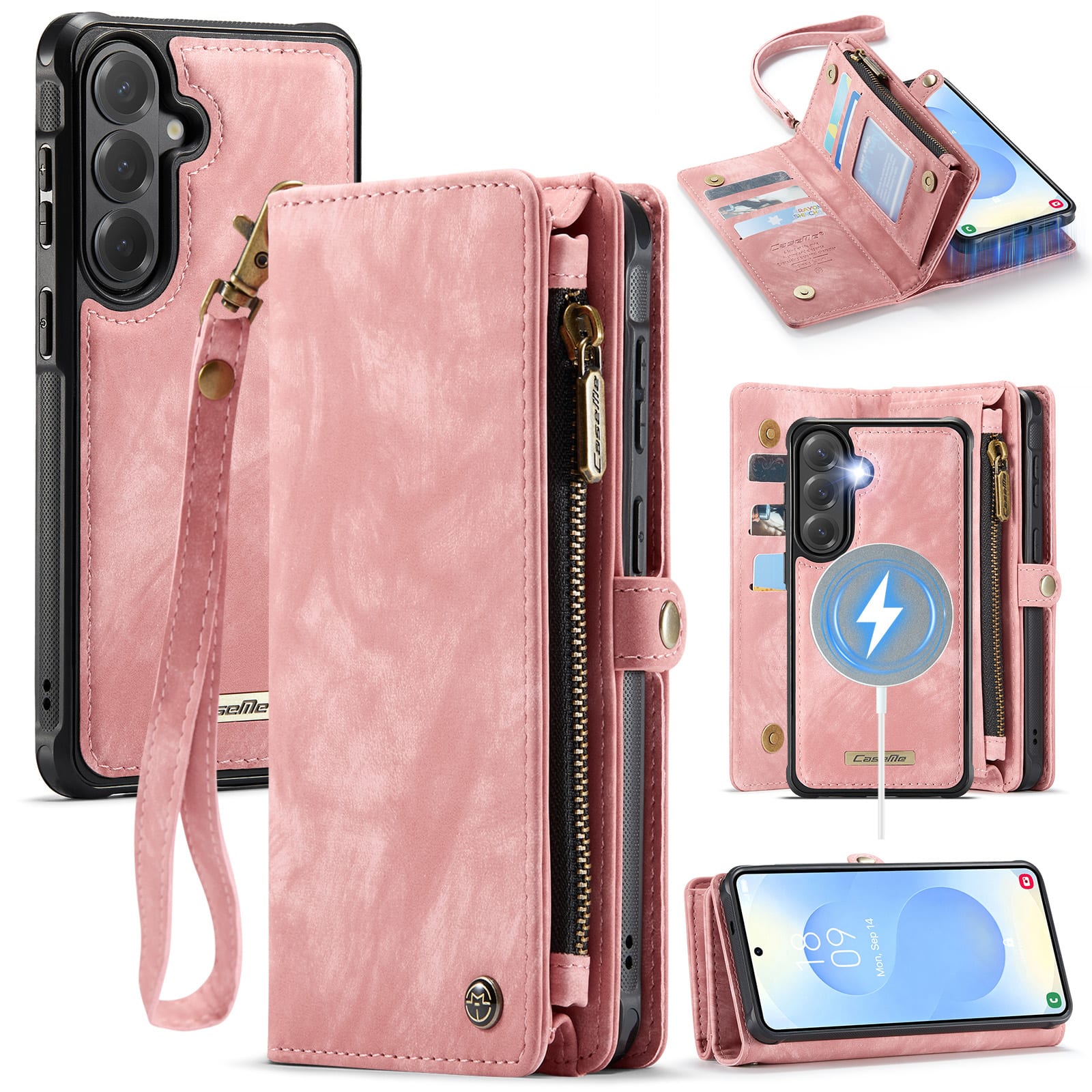 Dteck - Multi-Functional Wallet Case for Samsung Galaxy S26+,Large Card Slots Zipper Magnetic Detachable Cover With Strap - Pink