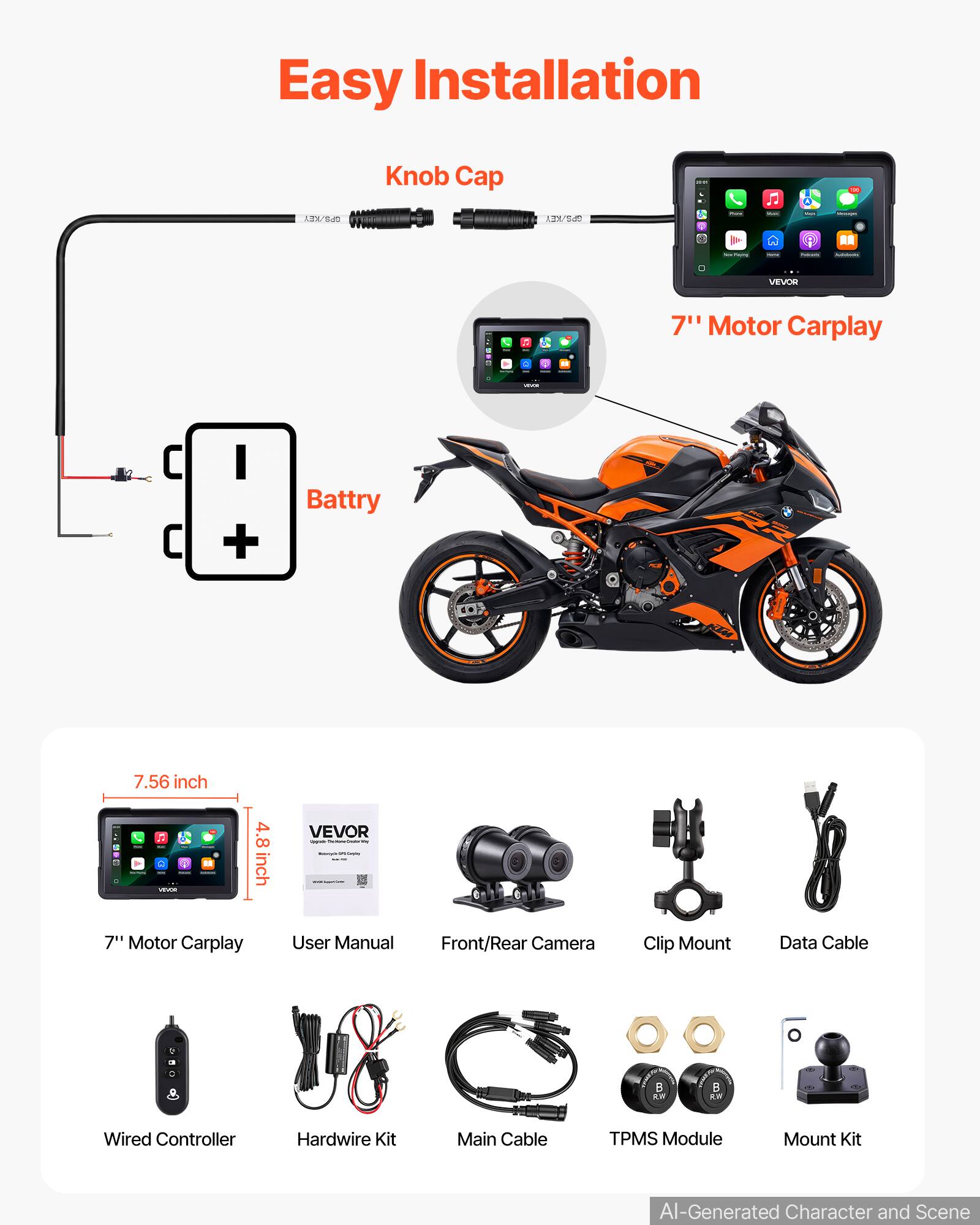 Easy Installation

GPS/KEY
Knob Cap
GPS/KEY
NO
C
Cheeter
VEVOR
7" Motor Carplay
User Manual
Front/Rear Camera
Clip Mount
Data Cable
Wired Controller
Hardwire Kit
Main Cable
TPMS Module
Mount Kit

7.56 inch
4.8 inch

B RUY
B RUV