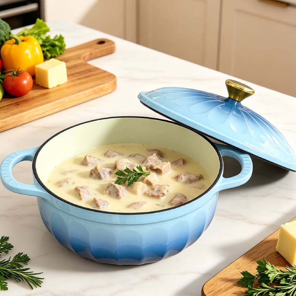 Alt View 6. Winado - 5 QT Enameled Cast Iron Dutch Oven with Gradient Petal Texture,Heat-Resistant Gloves, Pot Mat for Bread Baking, Roasting - Blue.
