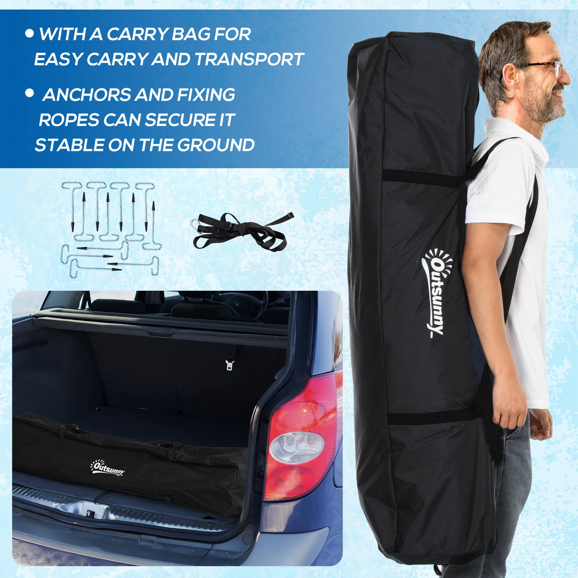 WITH A CARRY BAG FOR EASY CARRY AND TRANSPORT  
ANCHORS AND FIXING ROPES CAN SECURE IT STABLE ON THE GROUND  

Outsunny  
Outsunny