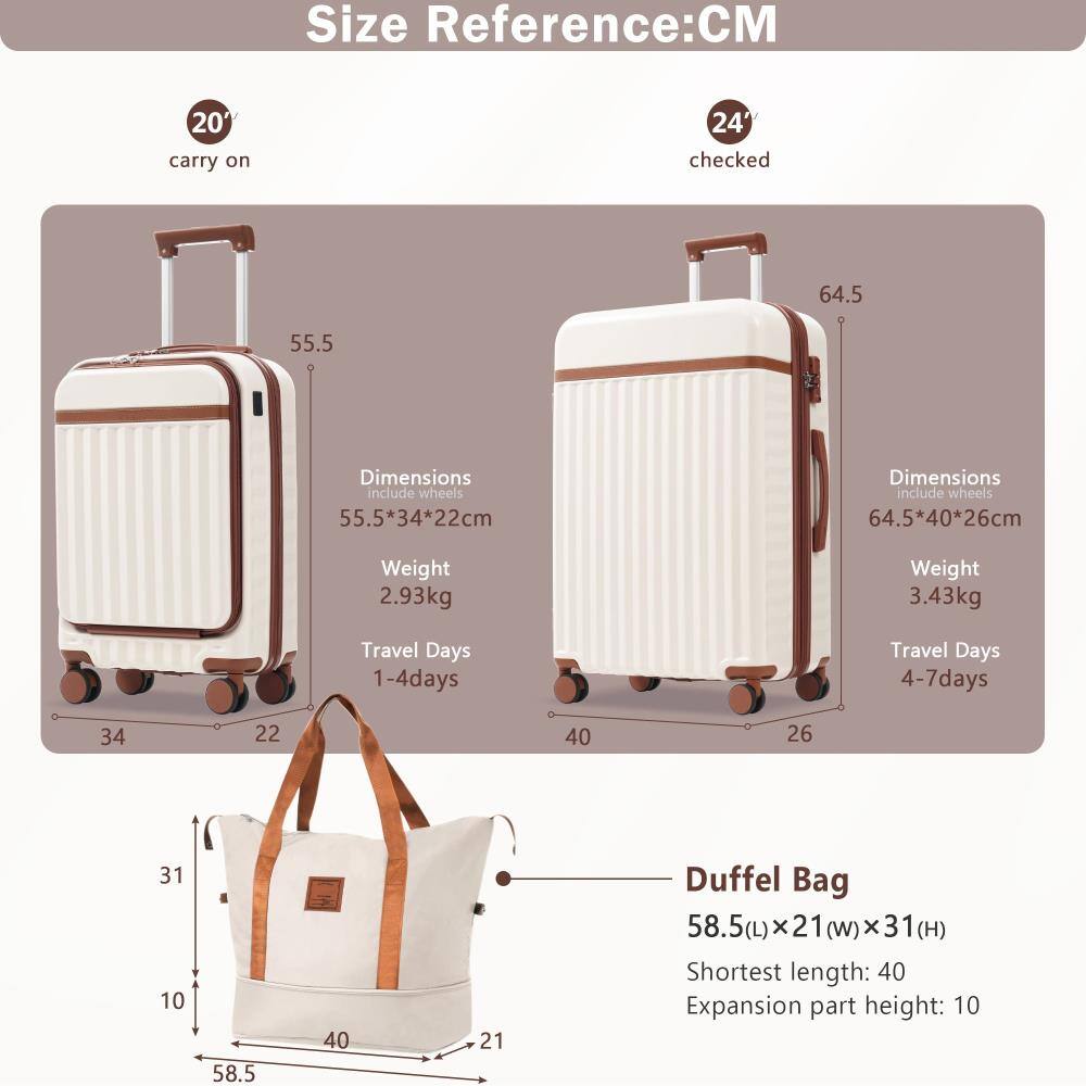 **Size Reference: CM**

- **20" carry on**
  - Dimensions (include wheels): 55.5*34*22cm
  - Weight: 2.93kg
  - Travel Days: 1-4 days

- **24" checked**
  - Dimensions (include wheels): 64.5*40*26cm
  - Weight: 3.43kg
  - Travel Days: 4-7 days

- **Duffel Bag**
  - Dimensions: 58.5(L) x 21(w) x 31(H)
  - Shortest length: 40
  - Expansion part height: 10