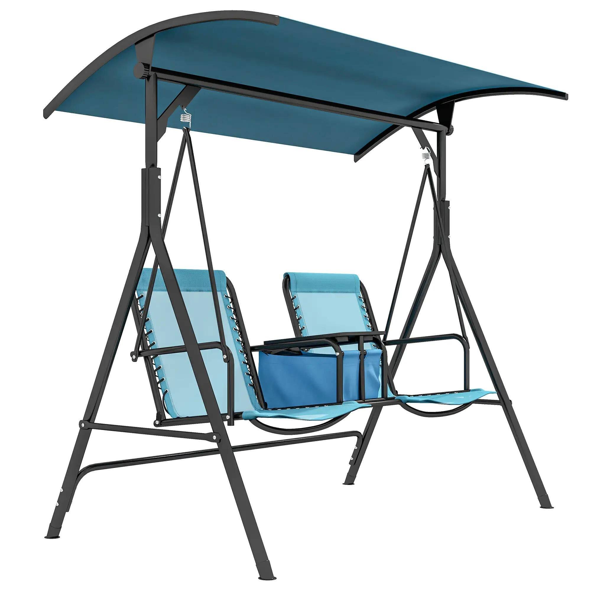 Angle. Resenkos - Resenkos 2-Person Swing With Canopy, Storage, Cup Holder, Blue, Outdoor Porch Seating, Blue.