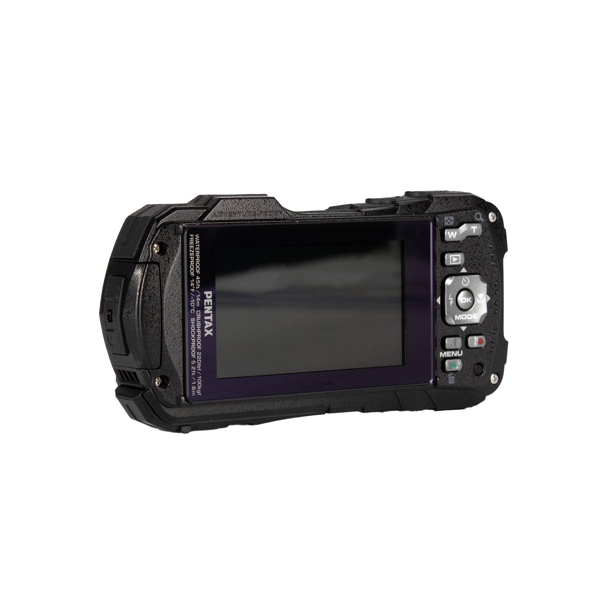 FREEZEPROOF WATERPROOF & 45m - -10 14m C CALISHPROOF PENTAX SHOCKPROOF N 2 220ml I 100kg T W OK MODE MENU