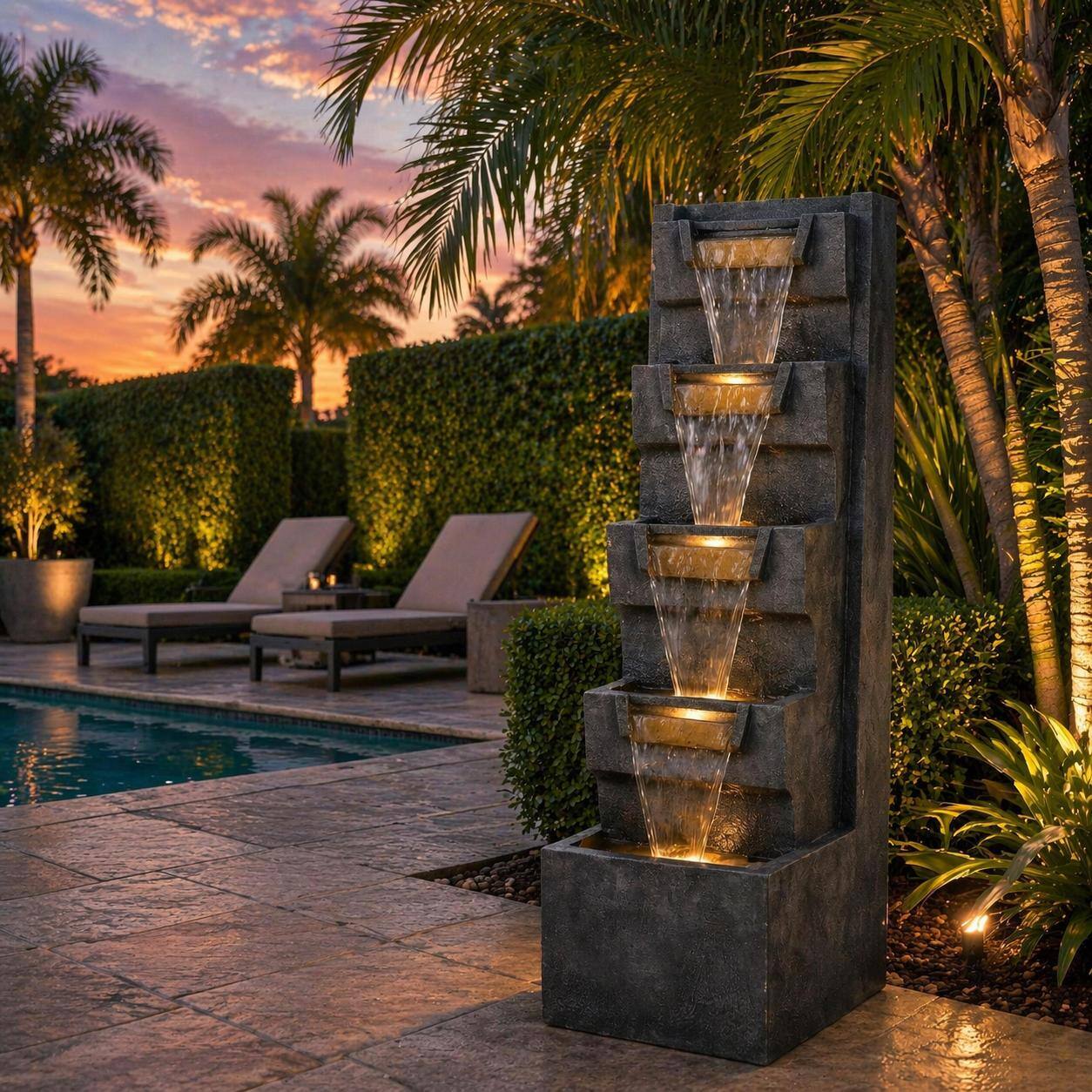 Angle. RYHNUYNE - 39.4" Tall 4-Tier Outdoor Cascading Water Fountain with Warm LED Lights – Stone-Look Resin Water Feature with Quiet Pump.
