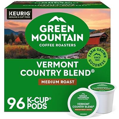 KEURIG GENUINE K-CUP PODS  
GREEN MOUNTAIN COFFEE ROASTERS  
FARM SINCE 1981  
GROWN VERMONT GOODNESS  
R COUNTRY BLEND  
MEDIUM ROAST  
VERMONT COUNTRY  
K-CUP 96 PODS  
GREEN MOUNTAIN VERMONT COUNTRY BLEND MEDIUM ROAST COFFEE