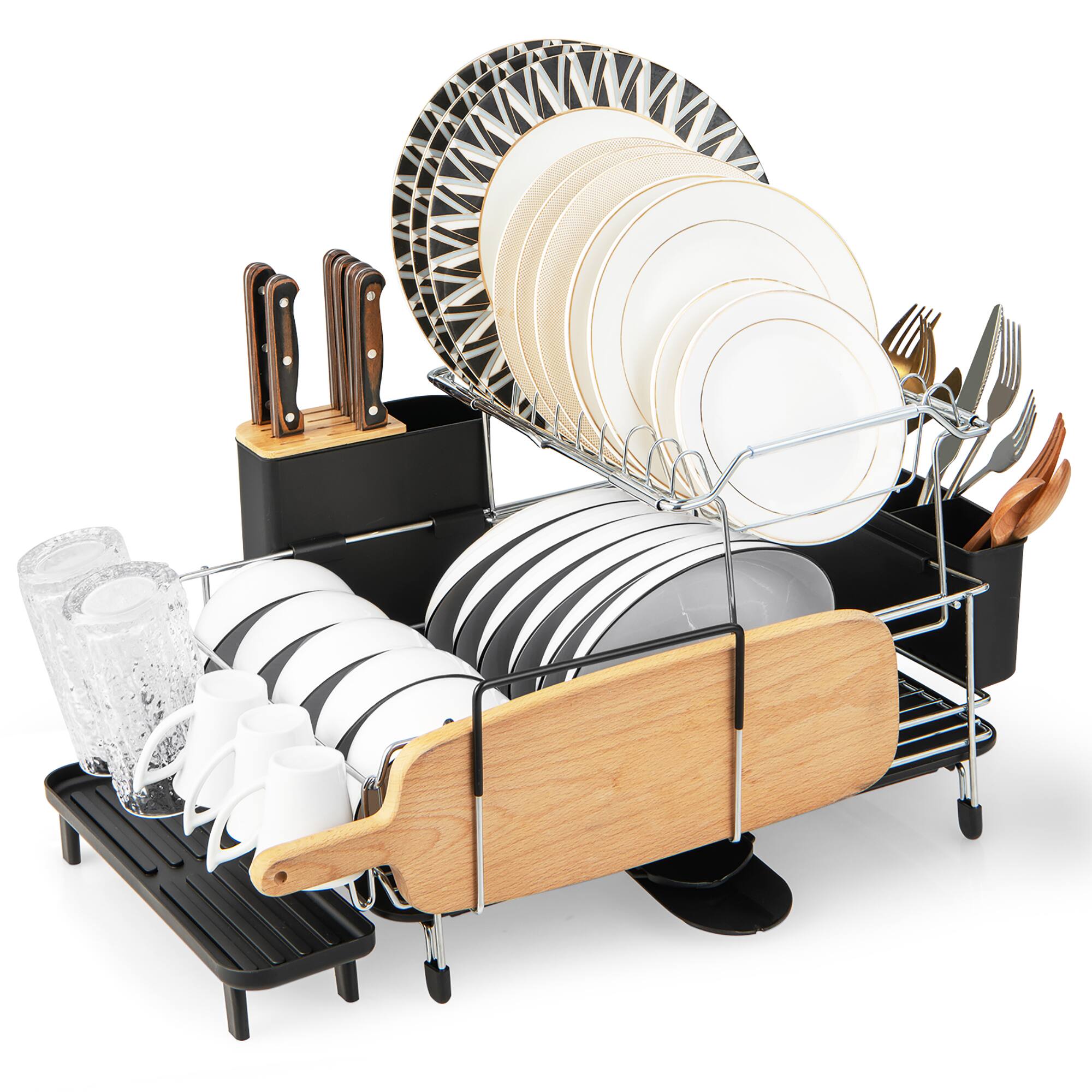 Front. Costway - Costway 2 Tier Dish Drying Rack Rustproof Dish Rack and Drainboard Set Kitchen Counter - Silver.