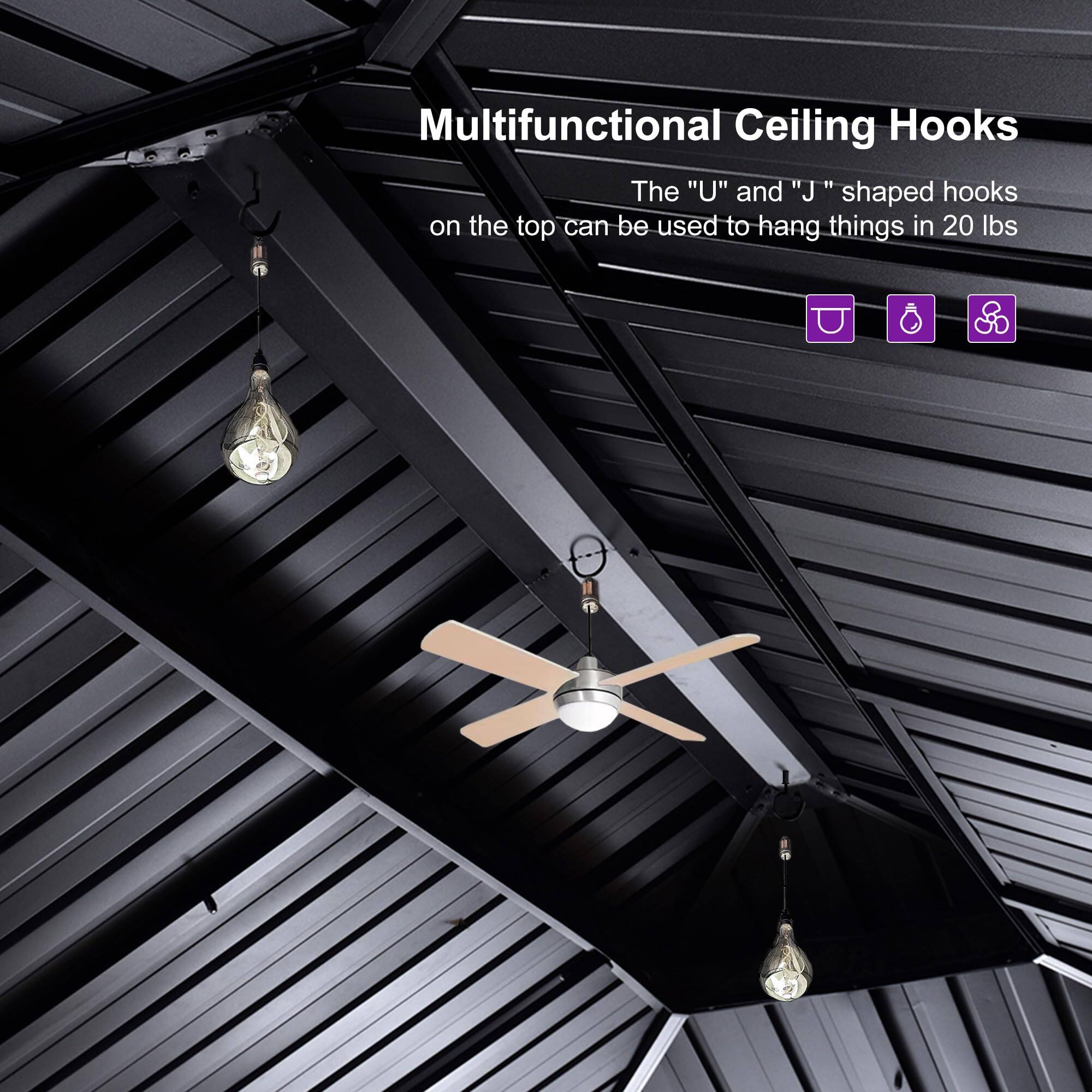 Multifunctional Ceiling Hooks

The "U" and "J" shaped hooks on the top can be used to hang things in 20 lbs