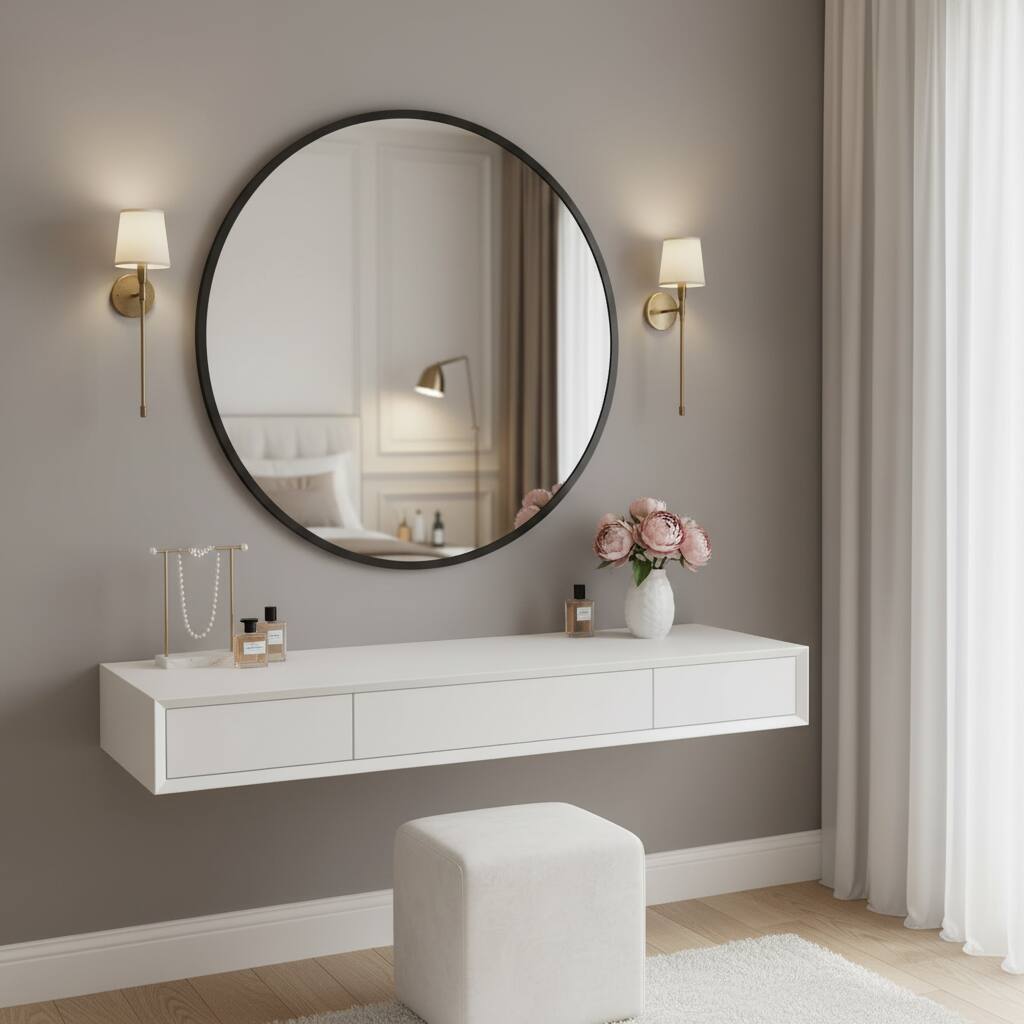 Alt View 4. AOITUN - 24" Round Circle Wall Mirror, Thin Frame HD Glass for Bathroom, Bedroom, Vanity, Black.