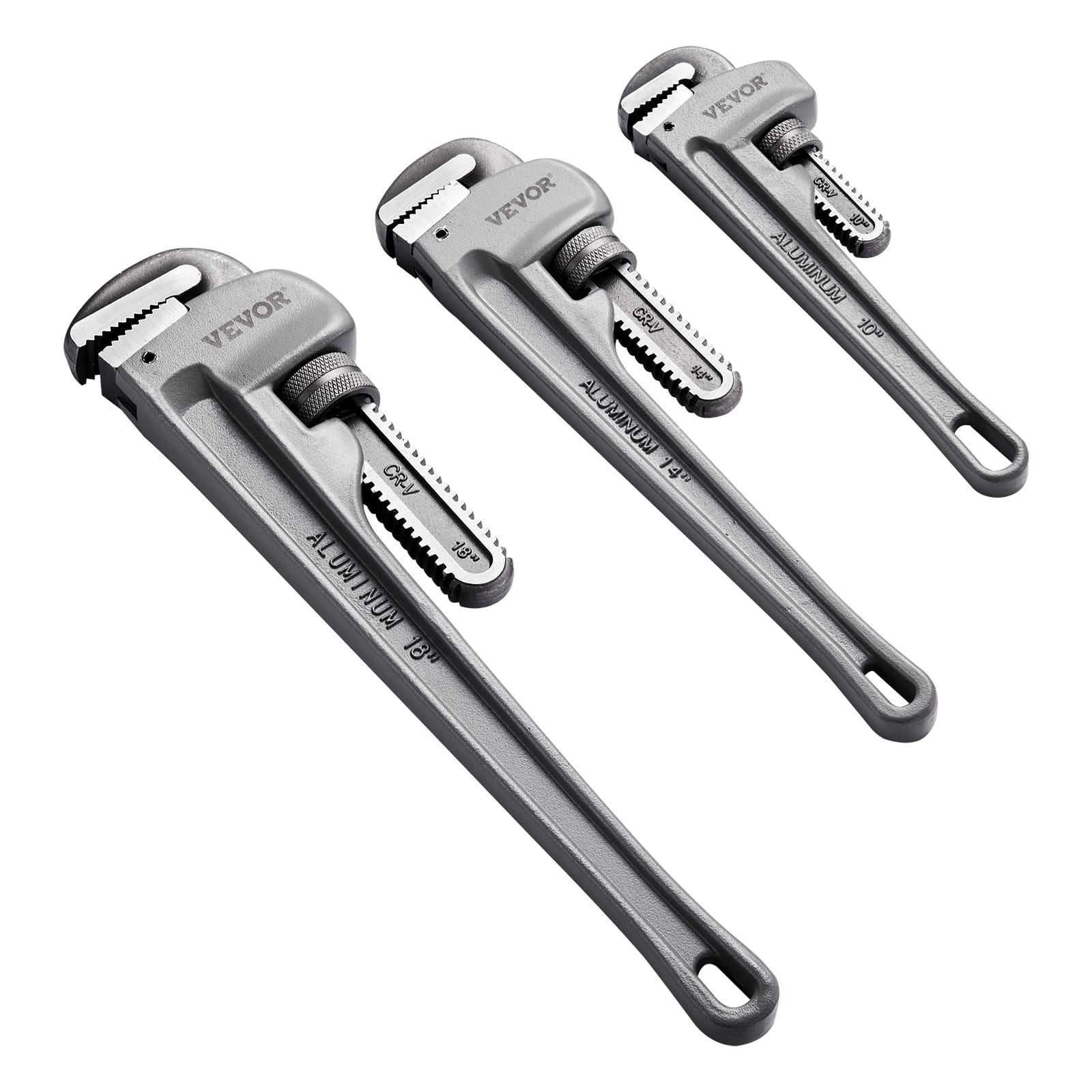 VEVOR - 3-Piece Pipe Wrench Set, 10" 14" 18" Aluminum Straight Pipe Wrench, Adjustable Plumbing Wrench, with High Strength Jaw - Silver
