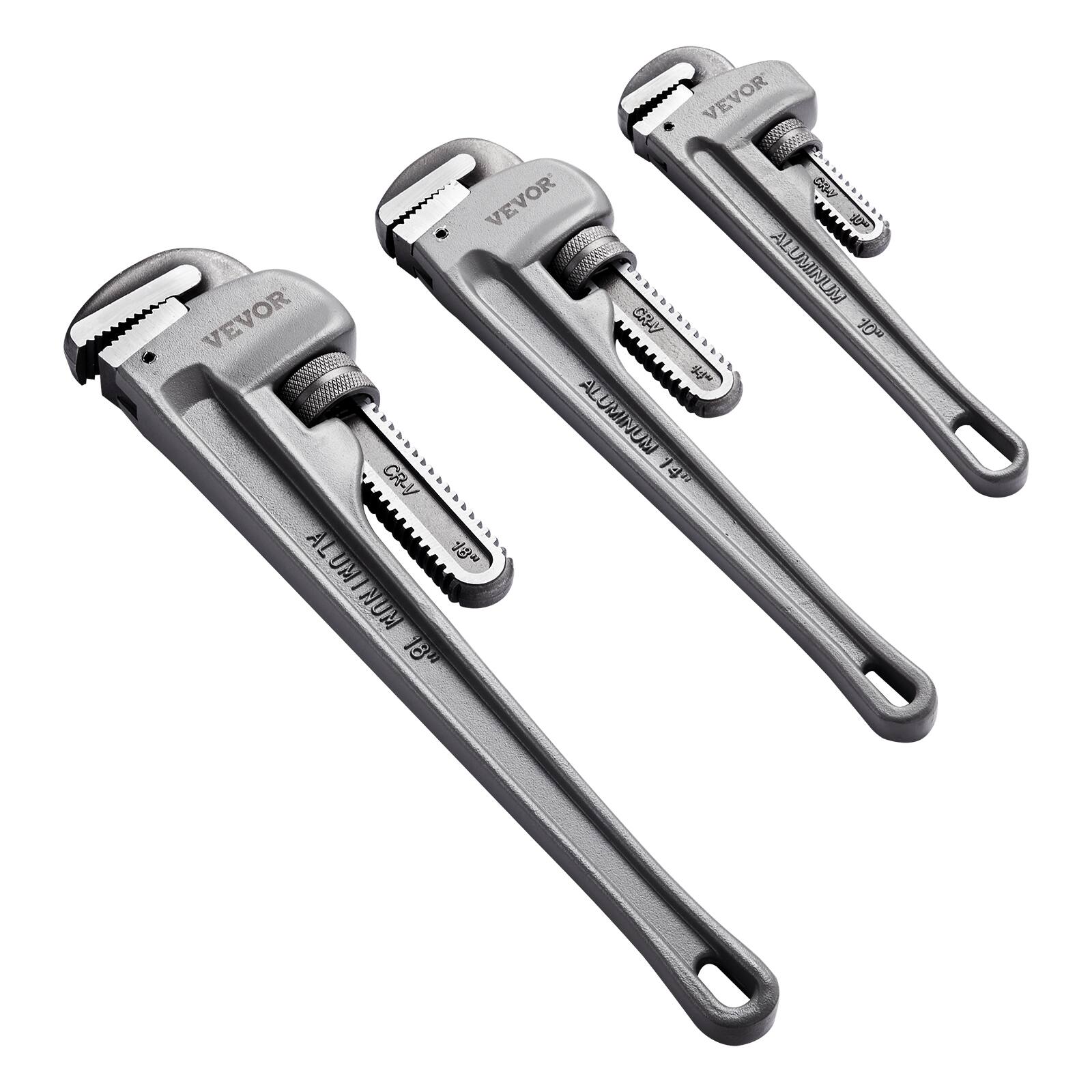 VEVOR - 3-Piece Pipe Wrench Set, 10" 14" 18" Aluminum Straight Pipe Wrench, Adjustable Plumbing Wrench, with High Strength Jaw - Silver