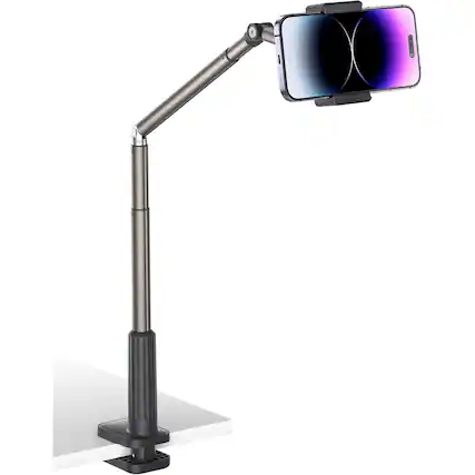 Front. PARKER SLATER - Gooseneck Phone Holder – Flexible 360° Clamp Mount for Desk & Bed, Compatible with iPhone 16–12 (Black) - Black.