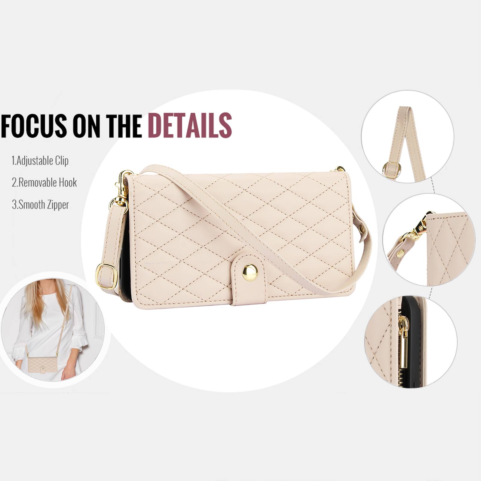 FOCUS ON THE DETAILS  
1. Adjustable Clip  
2. Removable Hook  
3. Smooth Zipper