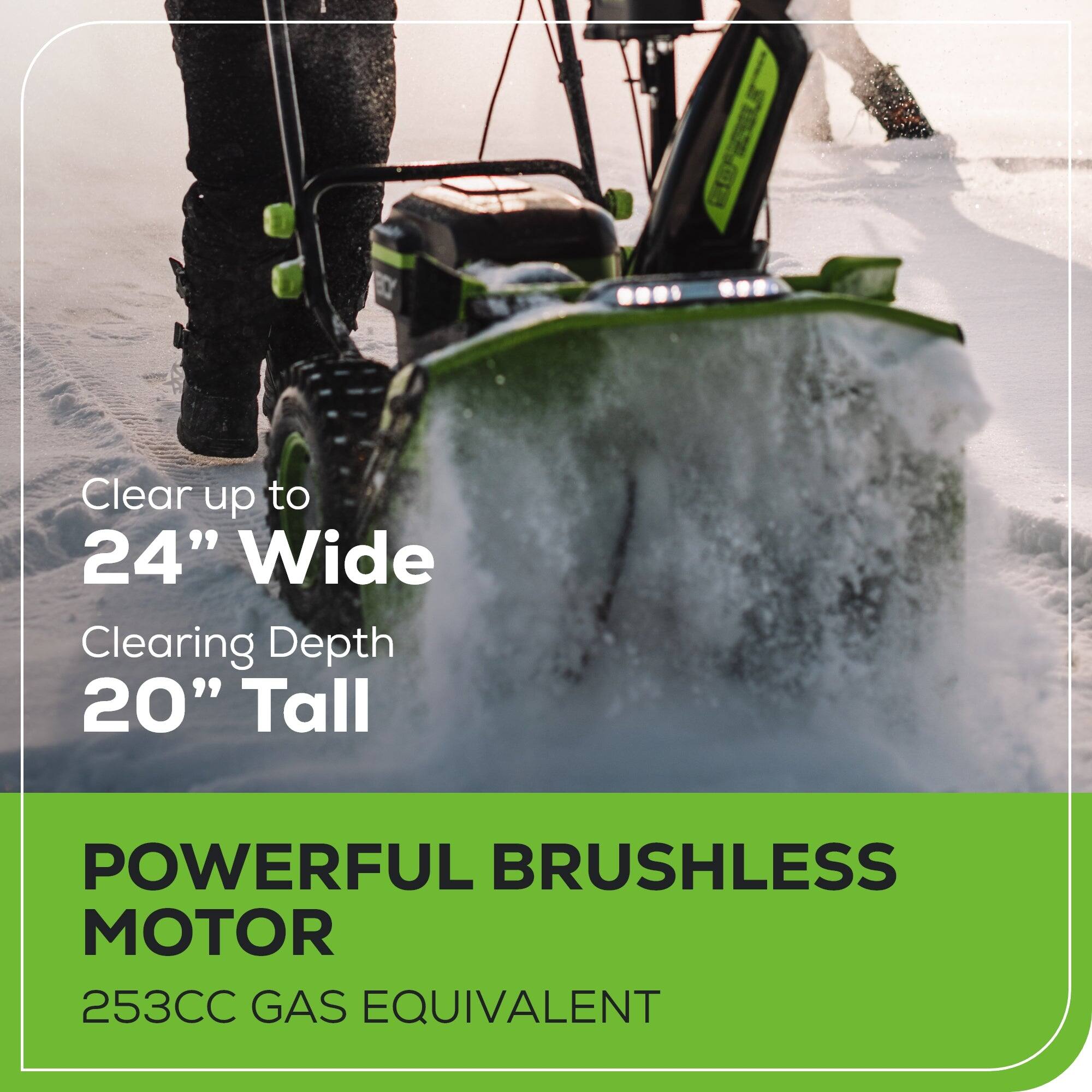 The image features a snow blower with a powerful brushless motor, capable of clearing up to 24 inches wide and 20 inches deep. The motor is equivalent to a 253cc gas engine, making it an efficient and effective tool for clearing snow from driveways and other areas.