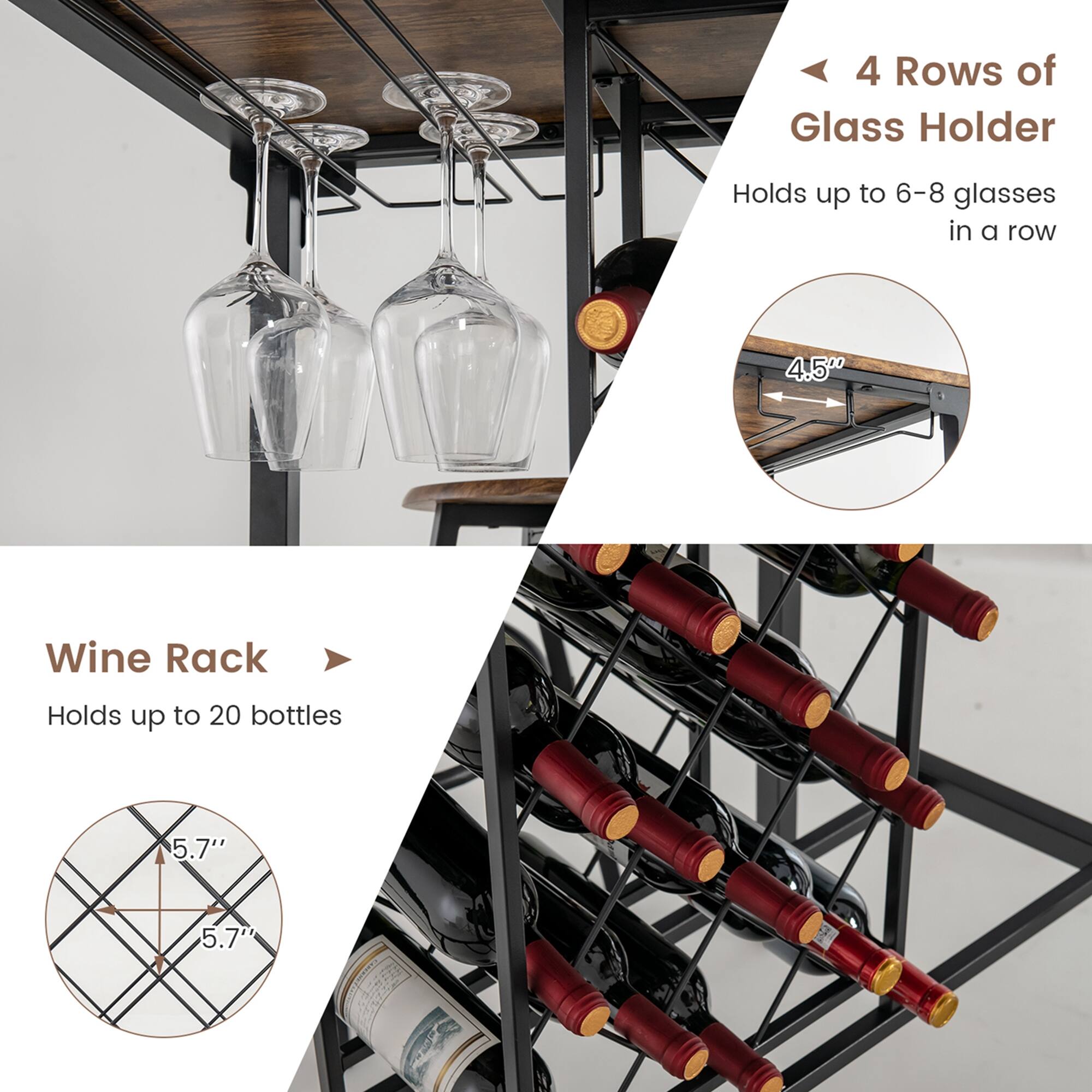 The image features a wine rack and a glass holder. The wine rack can hold up to 20 bottles and is 5.7" tall. The glass holder can hold up to 6-8 glasses in a row and is also 5.7" tall.