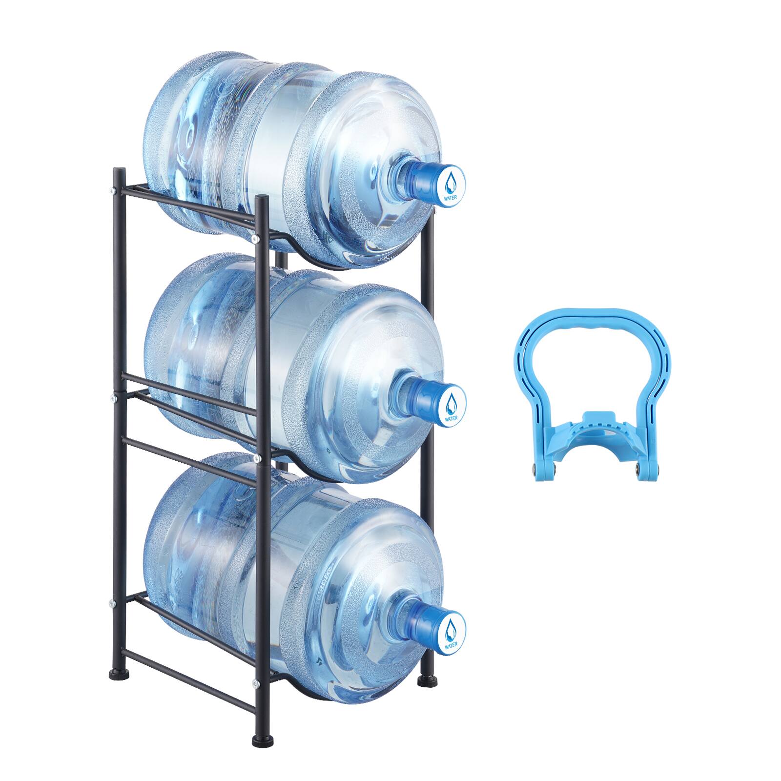 Front. VEVOR - 3 Tiers Water Jug Holder, 5 Gallon Water Bottle Holder, Single Row Water Bottle Rack for 3 Bottles - Black.