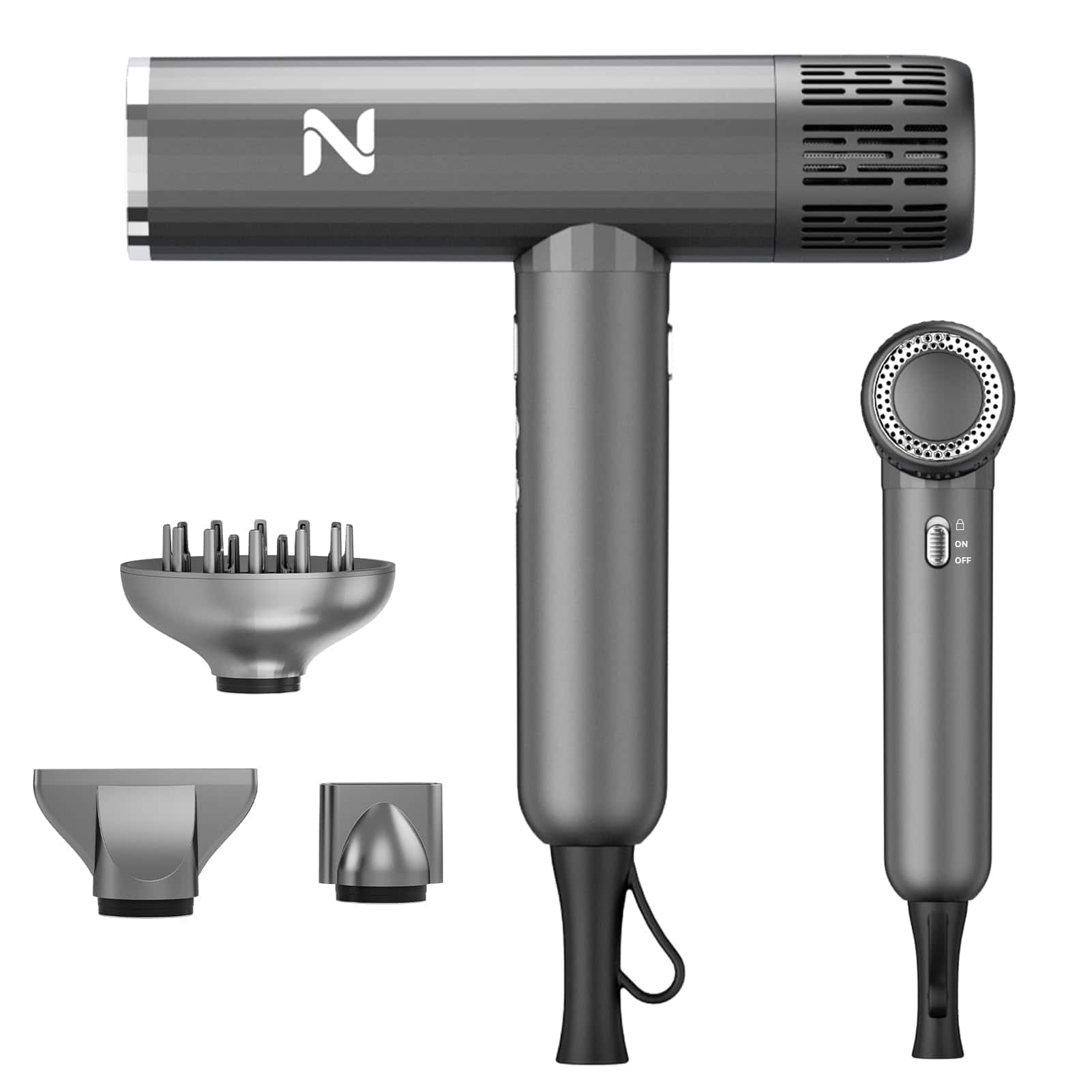 Natrial - Ionic Professional Hair Dryer with Diffuser for Curly Hair,1600W&110000RPM High Speed Blow Dryer for Women - Gray