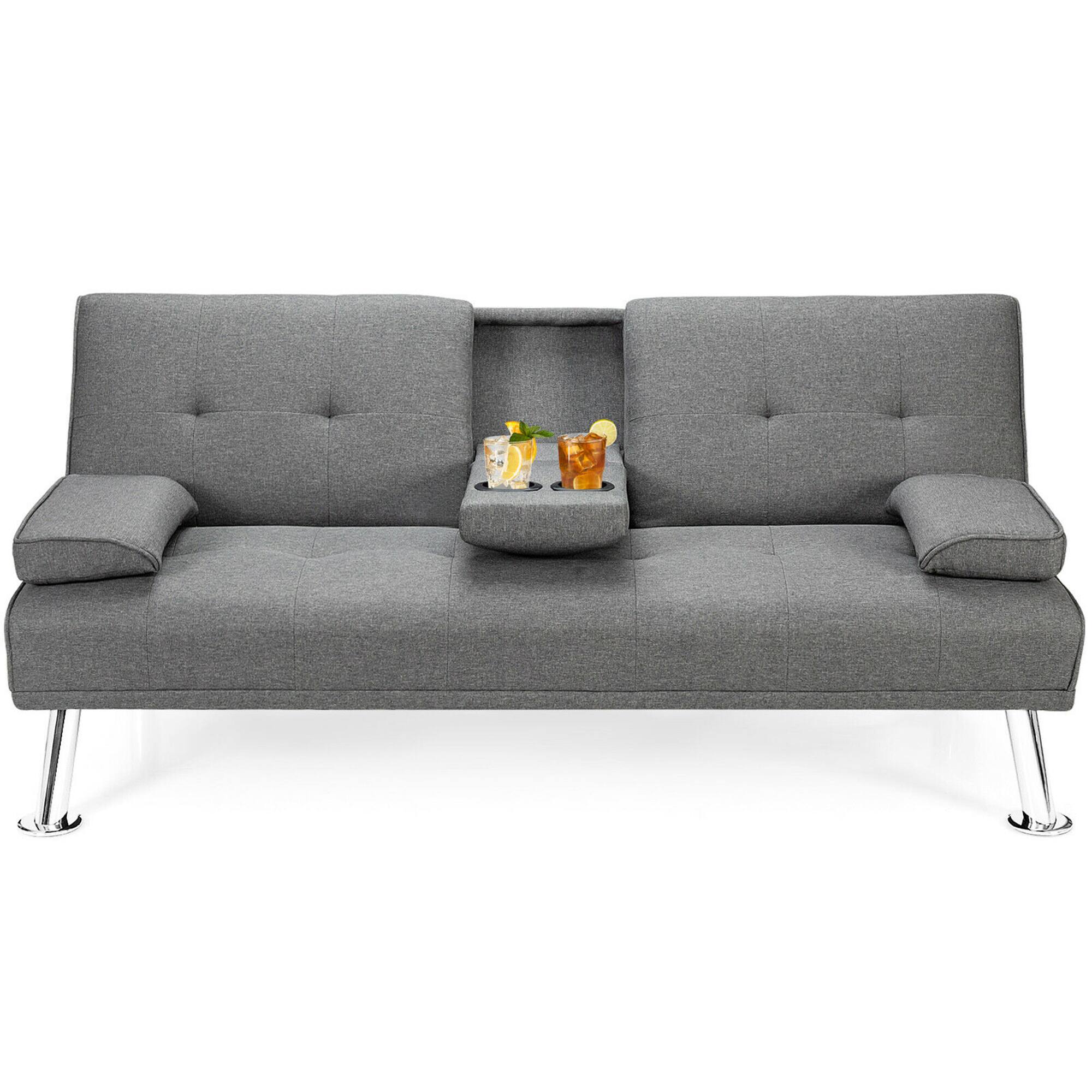 Costway - Convertible Folding Futon Sofa Bed Fabric w/2 Cup Holders - Light Gray