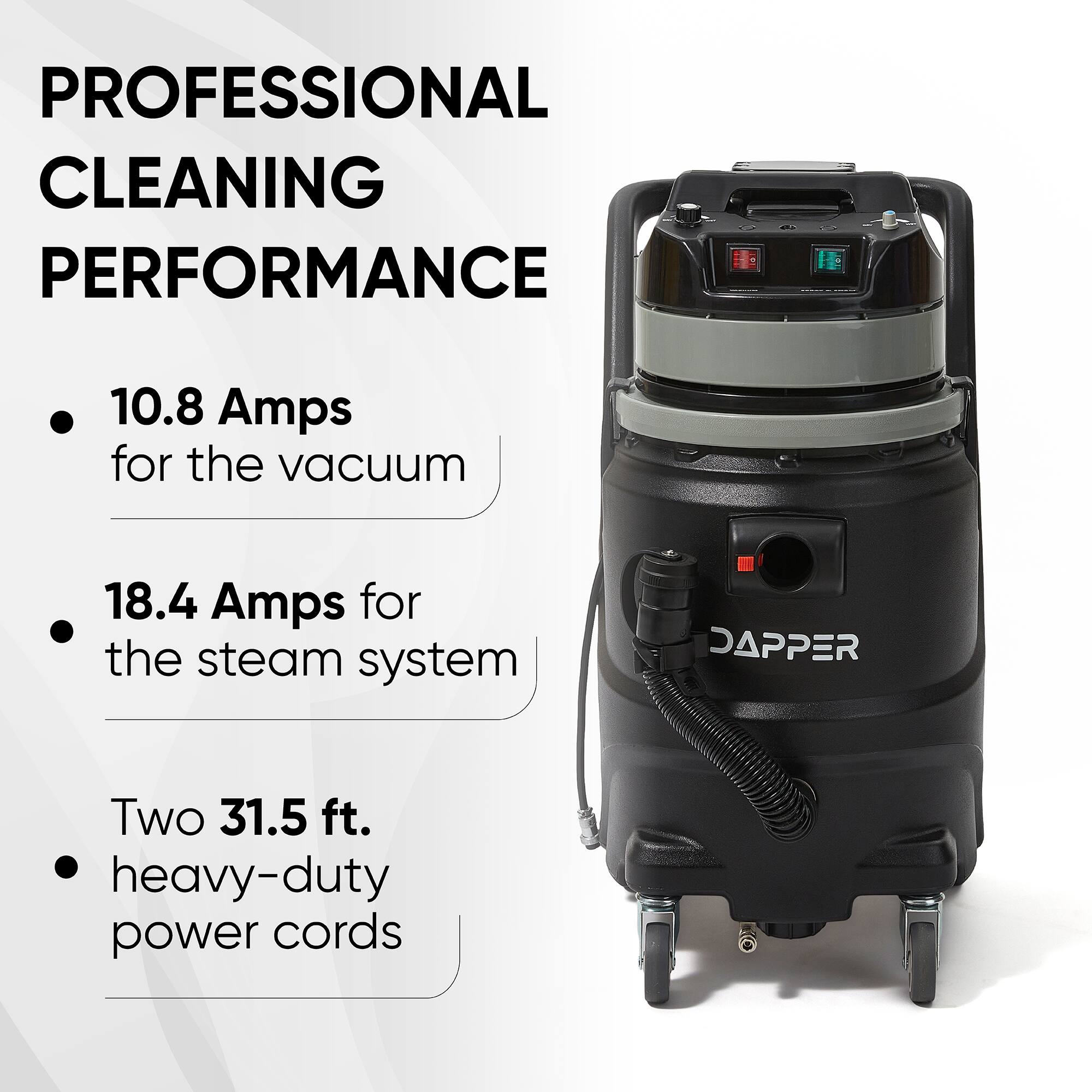 PROFESSIONAL CLEANING PERFORMANCE

- 10.8 Amps for the vacuum
- 18.4 Amps for the steam system
- Two 31.5 ft. heavy-duty power cords