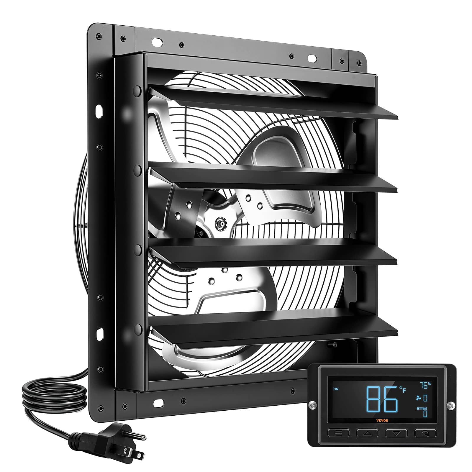 VEVOR - 14 Inch Shutter Exhaust Fan Wall Mounted Automatic Louvers EC Motor, Steel Housing, Temperature & Humidity Controller - Black