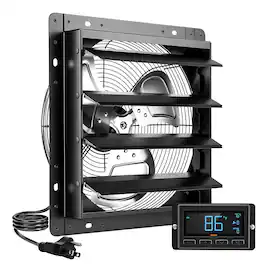VEVOR - 14 Inch Shutter Exhaust Fan Wall Mounted Automatic Louvers EC Motor, Steel Housing, Temperature & Humidity Controller - Black