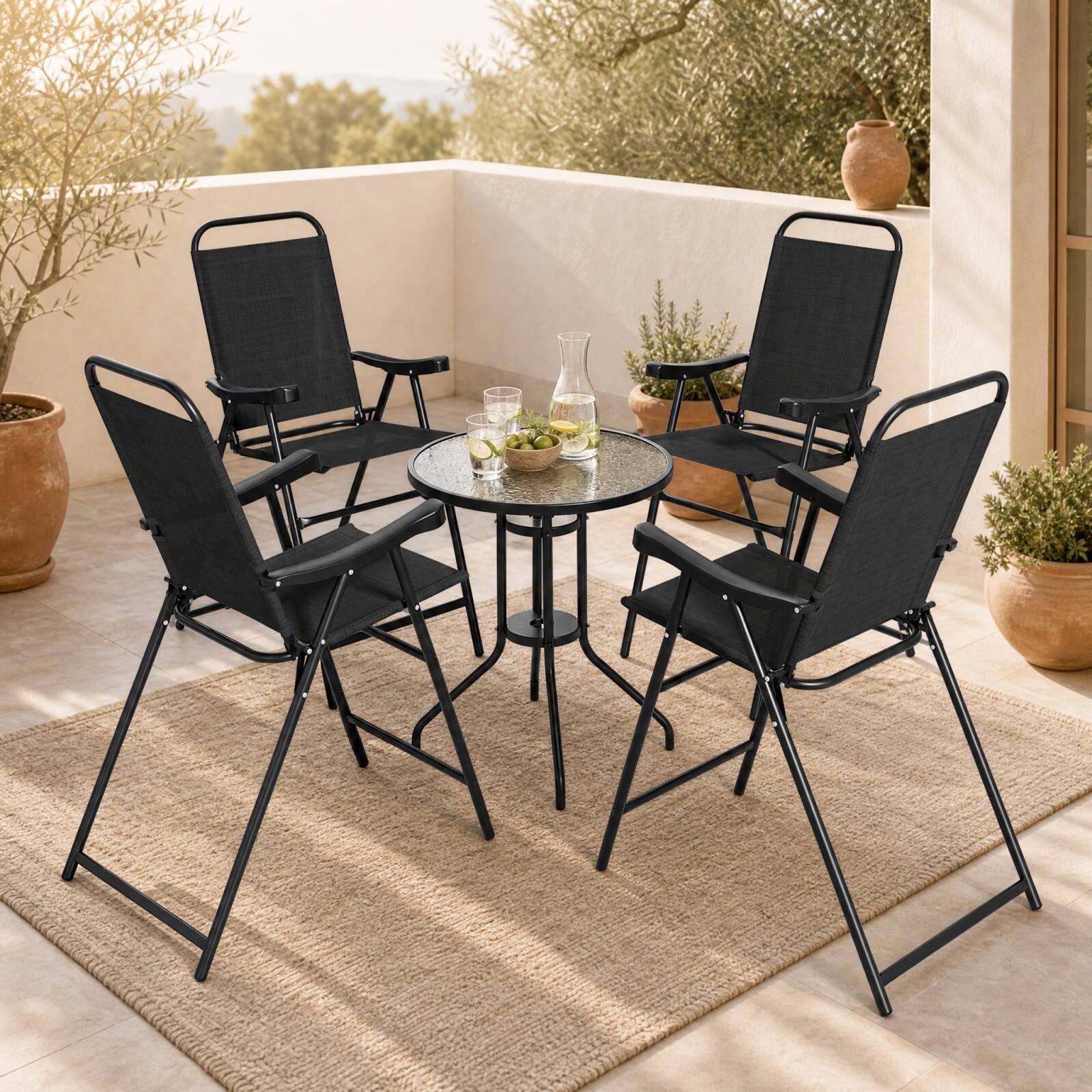 Alt View 1. Gymax - Gymax 4PCS Patio Bar Chair Folding Bar Height Metal Frame w/ Footrest Garden Coffee Black - Black.