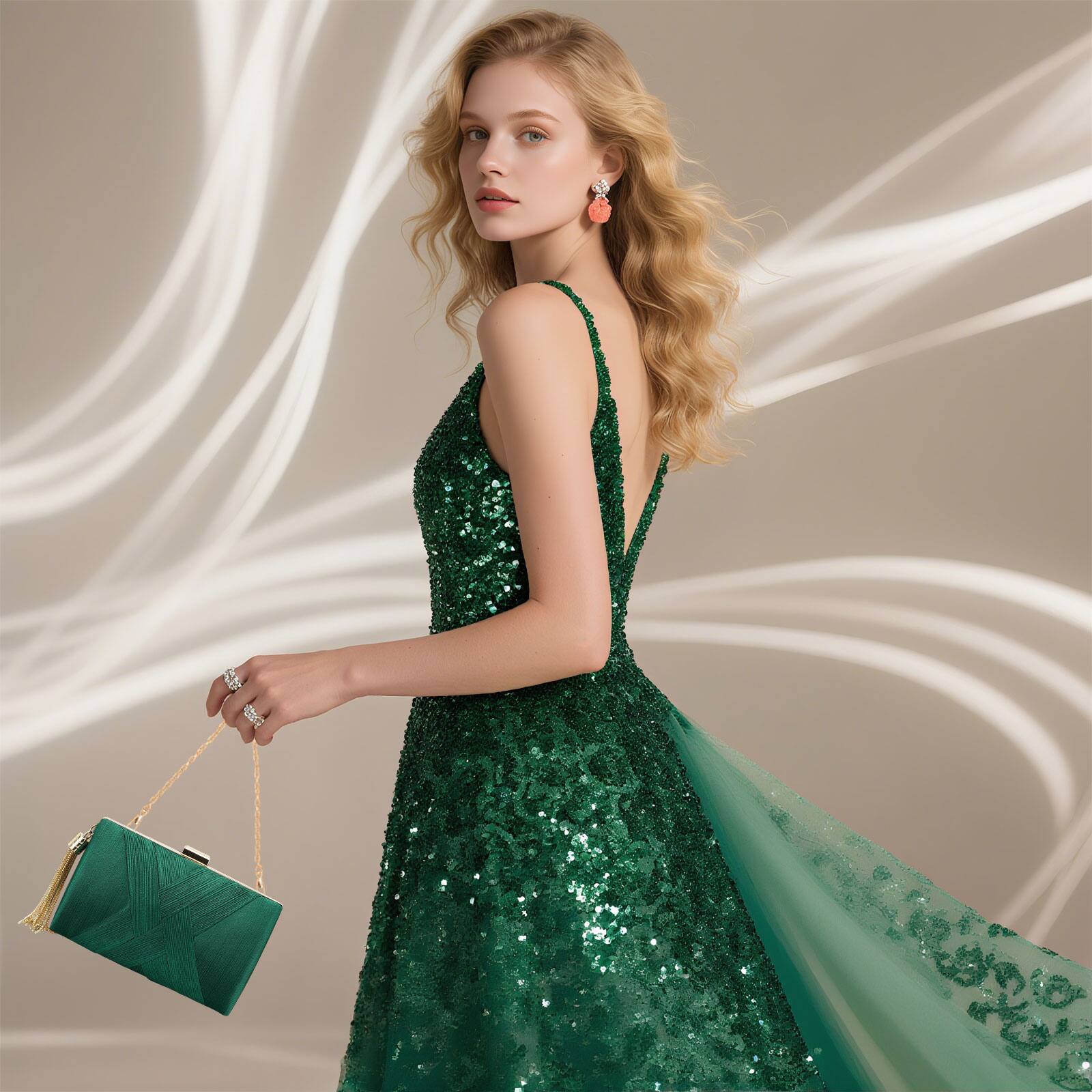 Alt View 1. Unique Bargains - Satin Evening Bag Clutch Purse for Women, Chain Tassel Wedding Handbag Compact Formal Clutch for Party Bride - Green.
