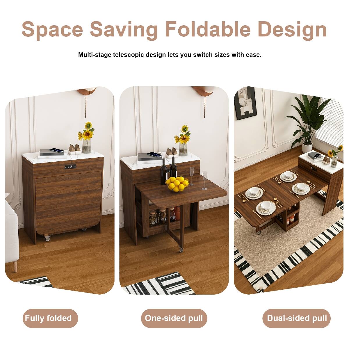 Loheer 74 inch Expandable Dining Table with Power Socket, Walnut ...