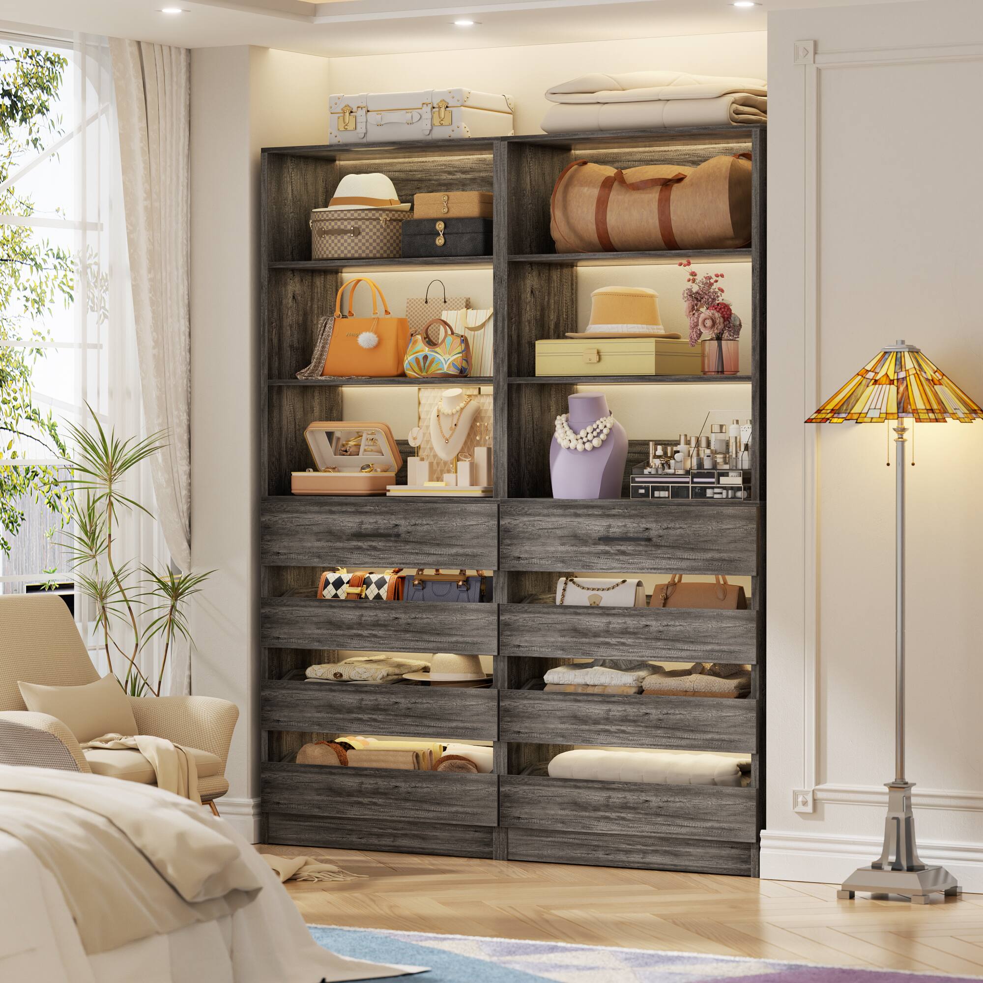 Back. Aheaplus - 2 Pack-Premium Wood Pantry Cabinet: 4 Drawers, 3 Shelves, Wall-Fit Design for Organized Kitchen Storage - Gray Oak.