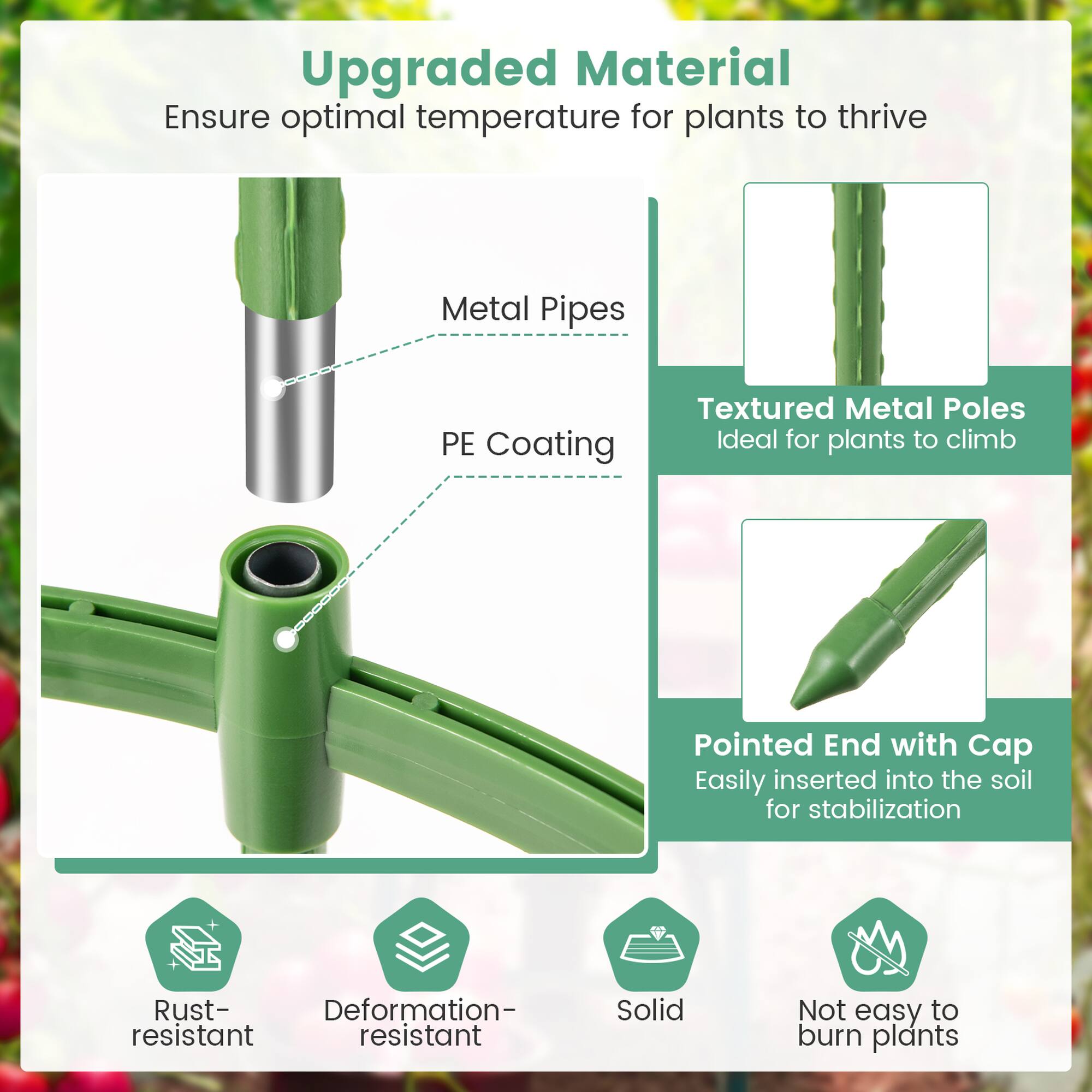 Upgraded Material: Ensure optimal temperature for plants to thrive.
Metal Pipes: PE Coating. Textured Metal Poles: Ideal for plants to climb. Pointed End with Cap: Easily inserted into the soil for stabilization. Rust-resistant, Deformation-resistant, Solid: Not easy to burn plants.