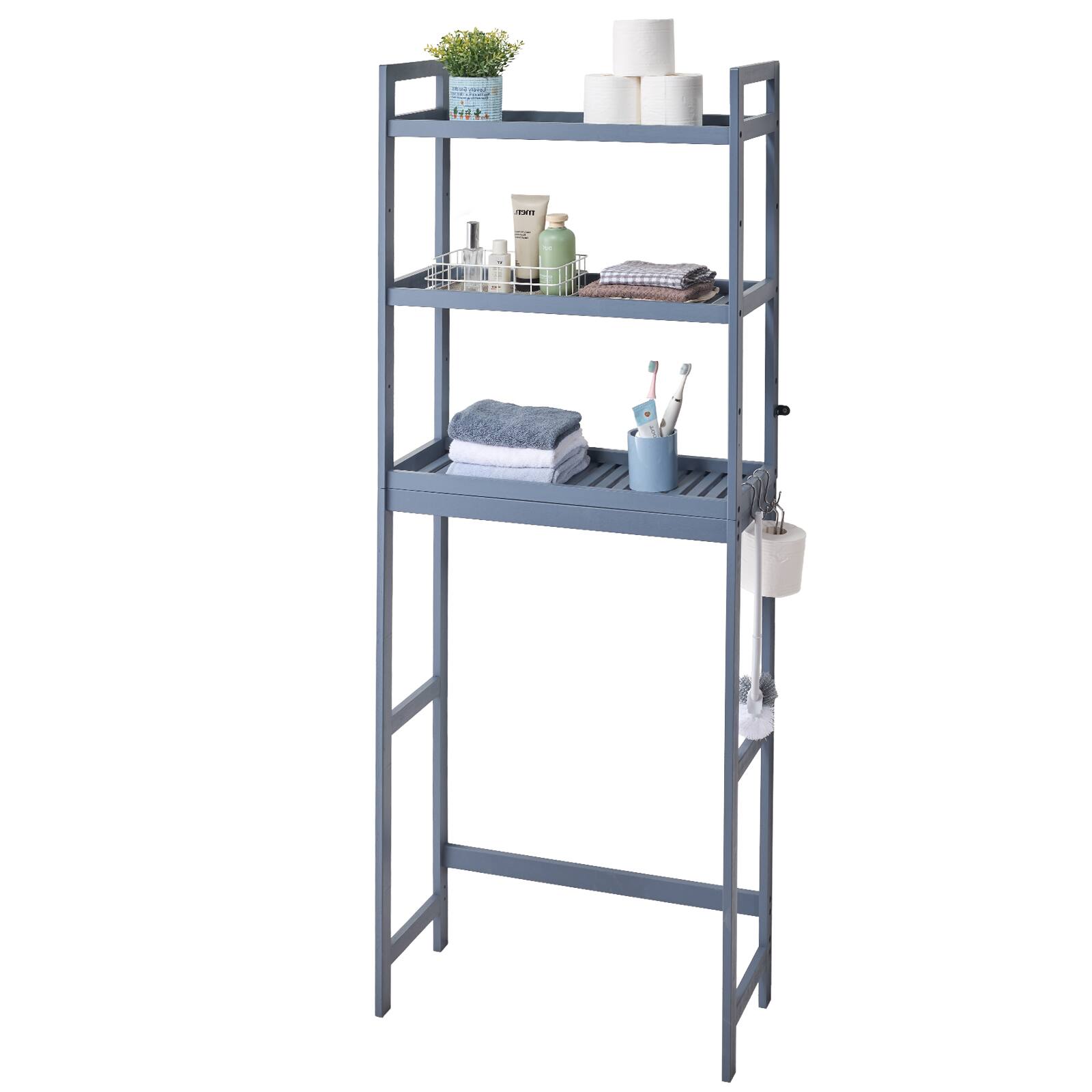 Alt View 5. VEVOR - Over the Toilet Storage, 3-Tier Adjustable Over Toilet Bathroom Organizer, Bamboo Storage Shelf Rack with 3 Hooks - Gray.