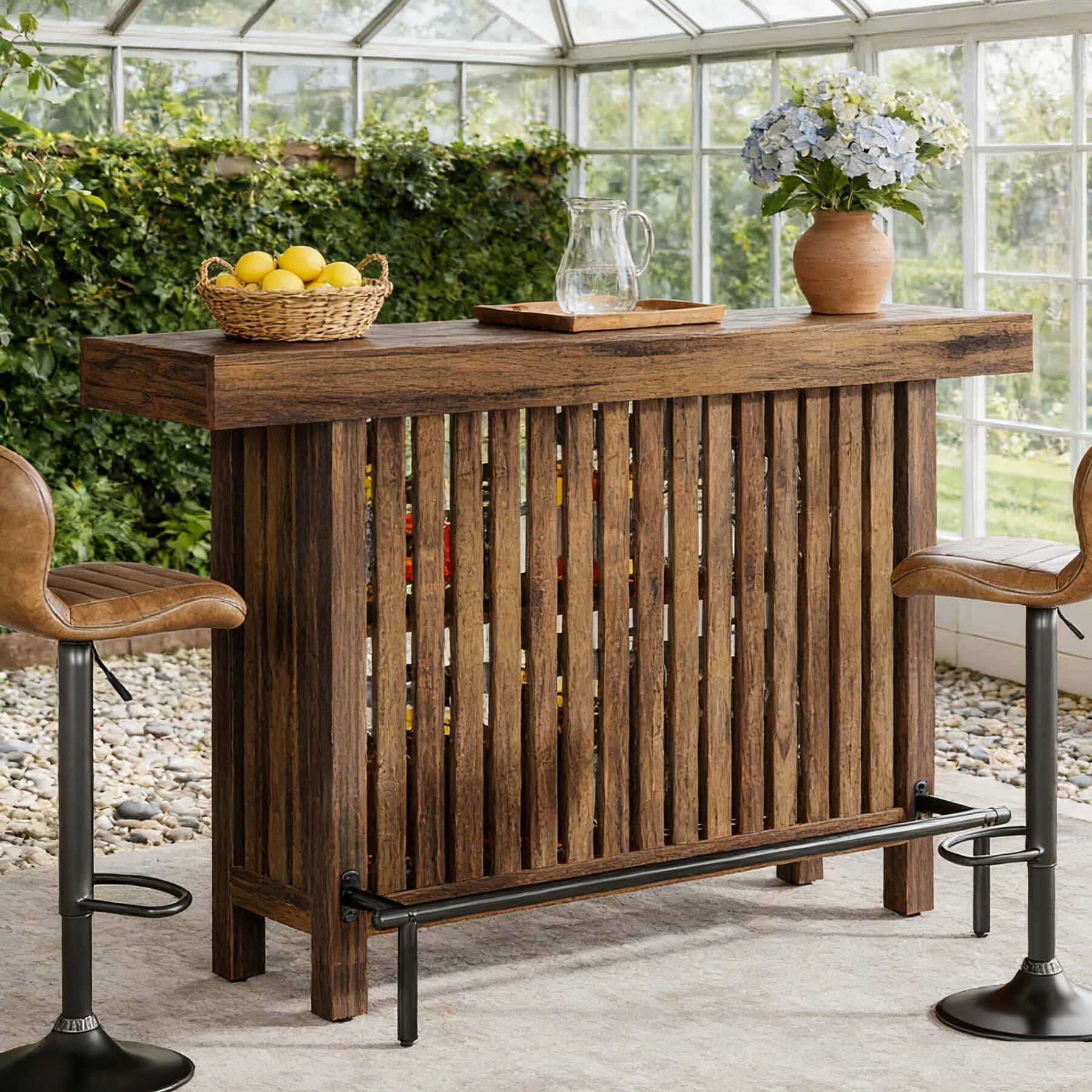 Back. Tribesigns - 63-Inch Bar Table with Footrest and 2-Tier Storage Shelves for Kitchen or Home Bar - Rustic Brown.