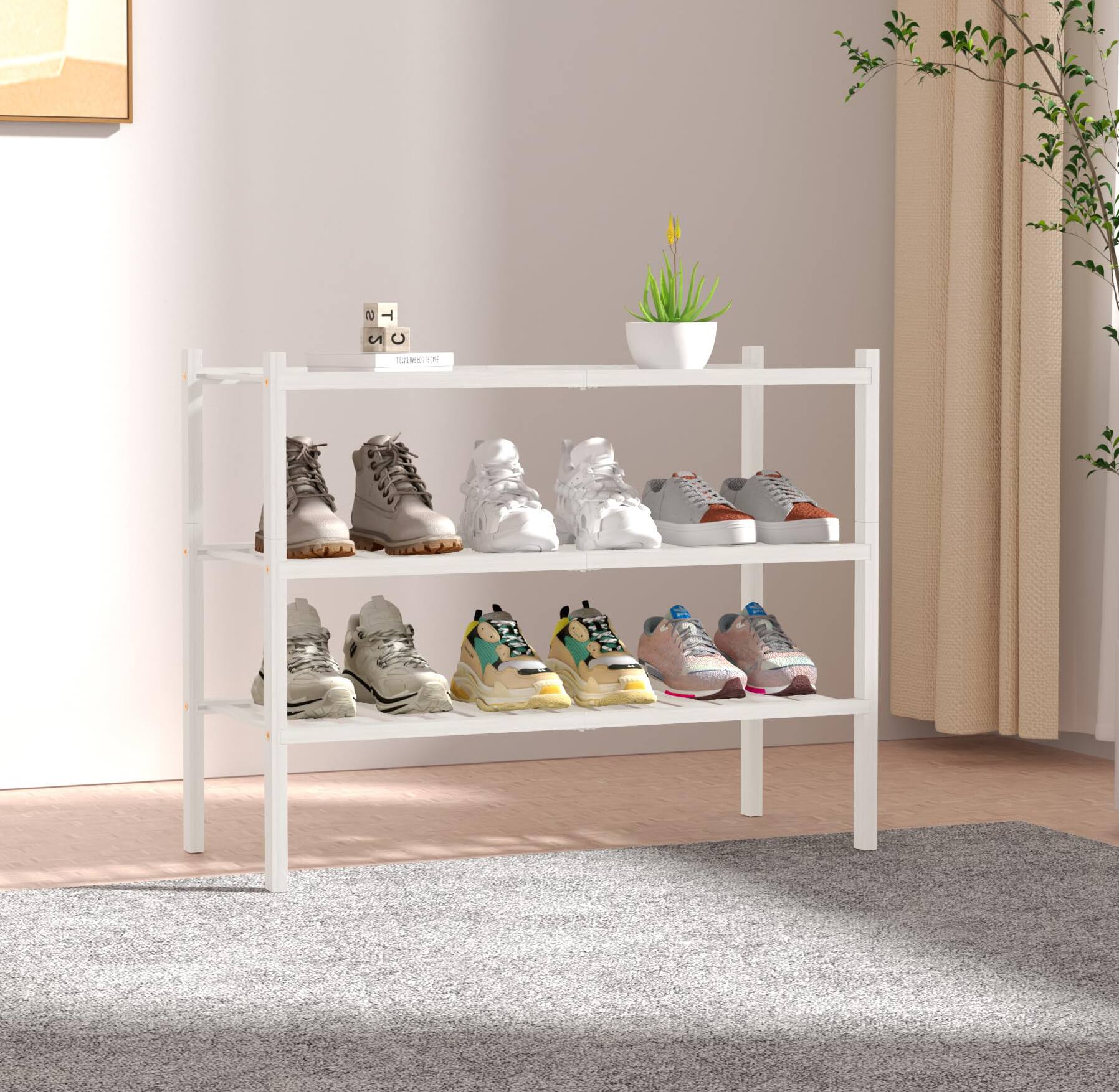 Angle. Dazzed Corner - 3 Tier Bamboo Shoe Rack for Closet Free Standing Wood Shoe Shelf Storage Organizer Stackable - White.