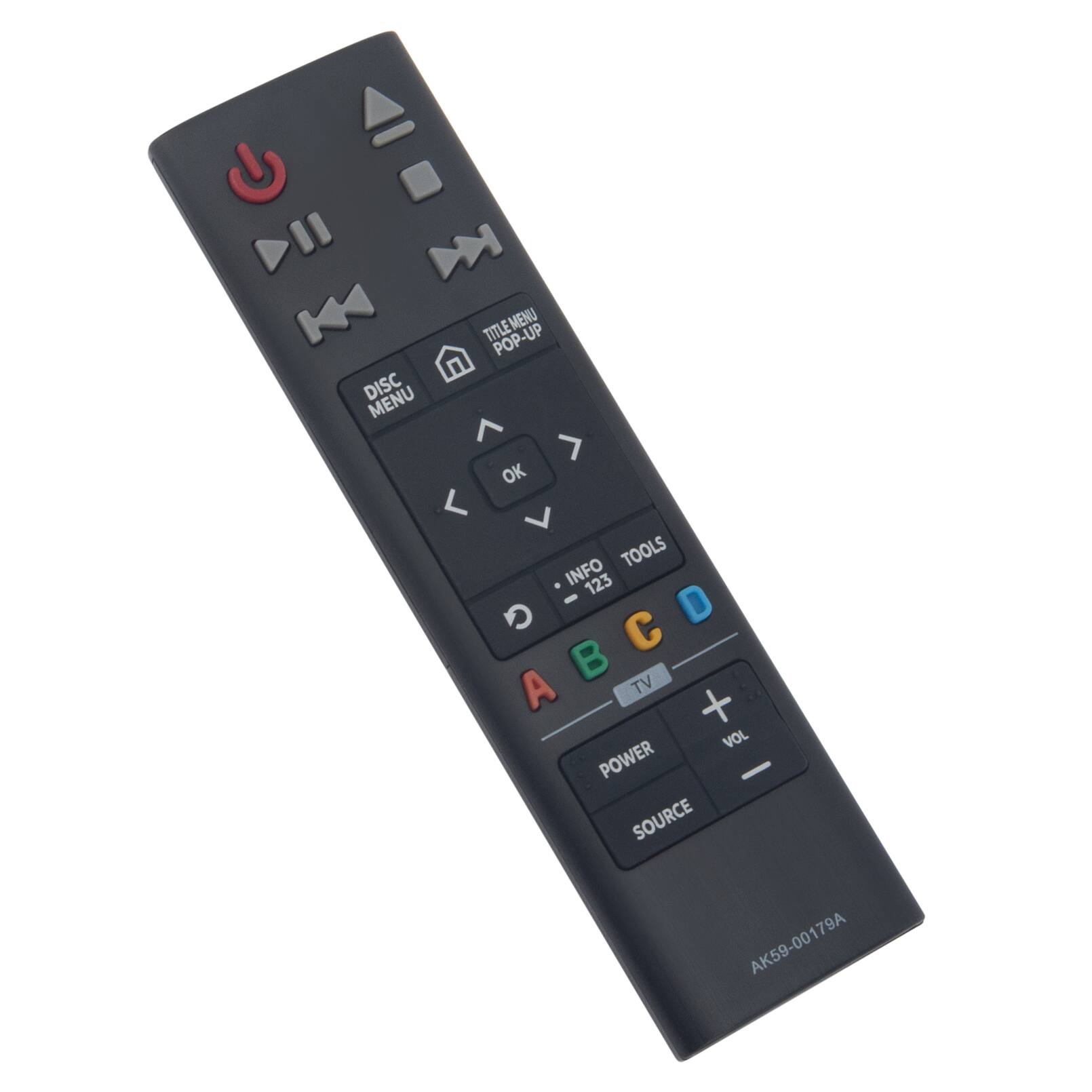 DISC MENU TITLEMENU POP-UP  
OK TOOLS INFO 123  
A B C D  
TV + VOL POWER SOURCE  
AK59-00179A